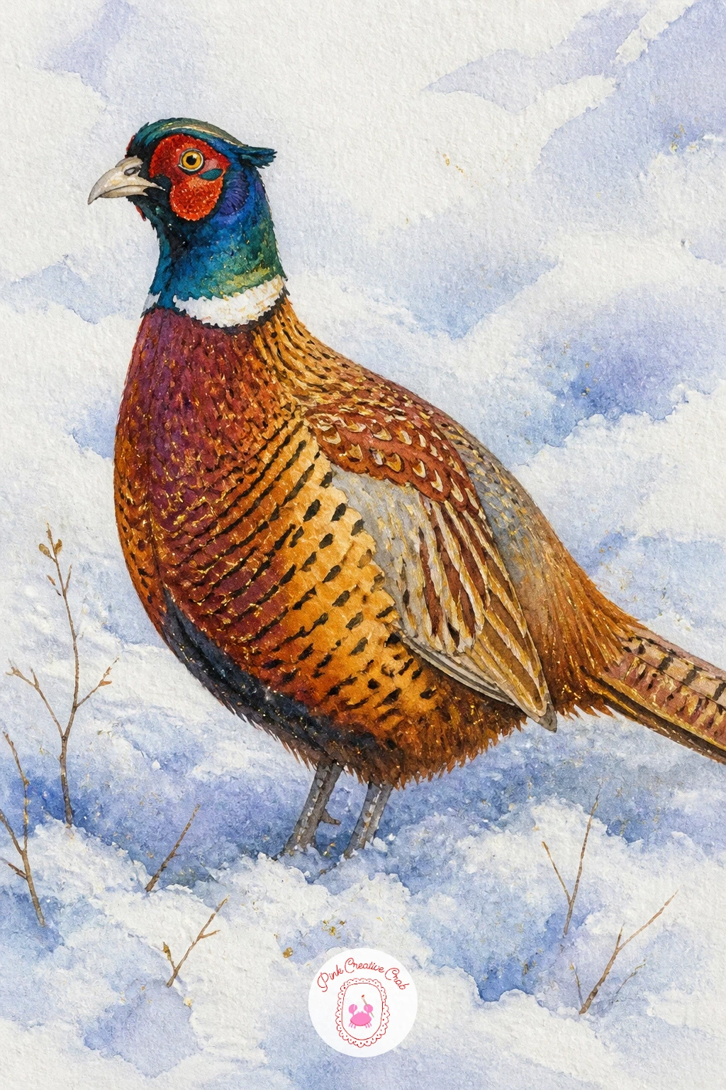 Pheasant in Snow — Return to a cold palette with a pheasant in snow, a ring-necked bird's warm copper feathers standing out sharply against pure white ground.