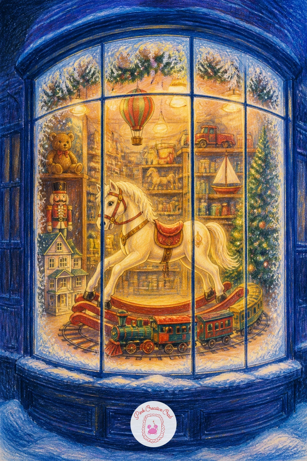 Toy Shop Window With Rocking Horse and Train — Center the rocking horse first, since it anchors the whole toy shop window and everything else arranges around