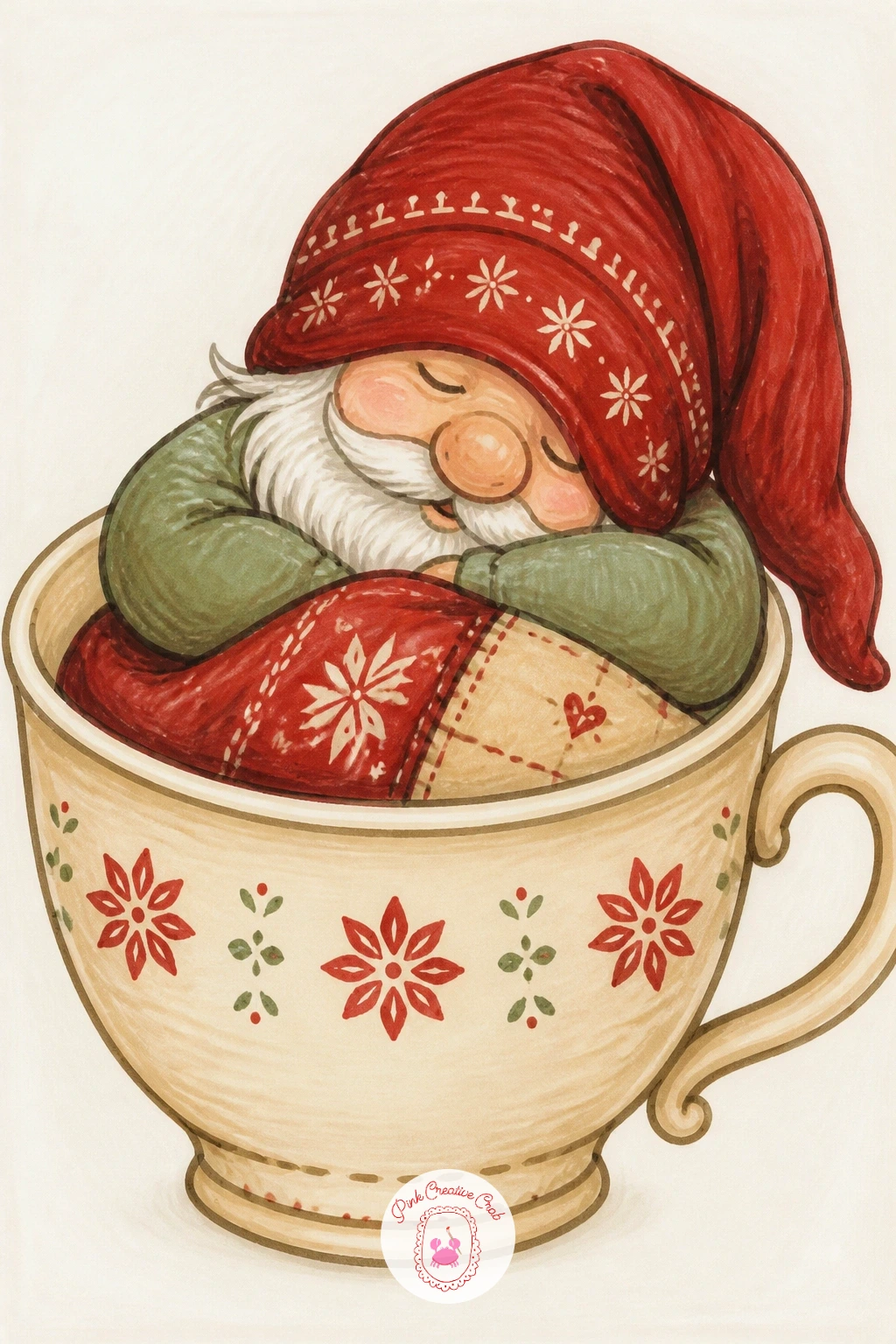 Gnome Sleeping in a Teacup — Sleeping in a teacup is another scale-joke scene like the coffee mug, except now the gnome is curled up asleep rather than sitting