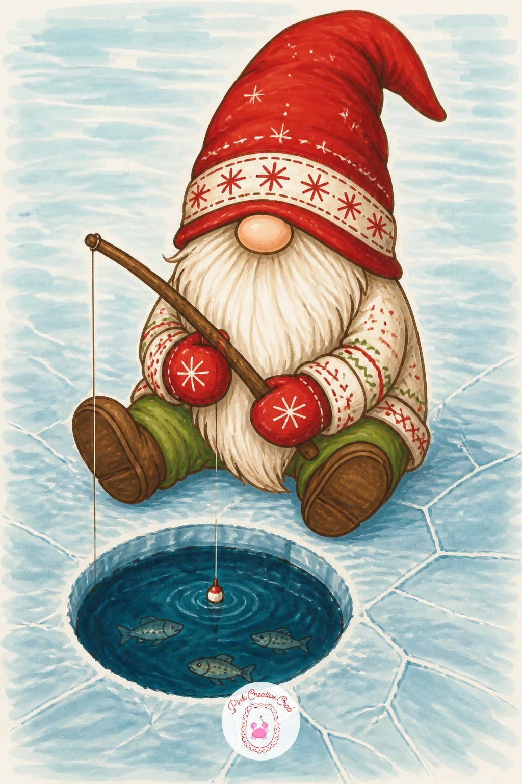 Gnome Fishing in an Ice Hole — Fishing in an ice hole is a quiet winter scene, a gnome seated on the edge of a round hole in a sheet of ice with a line dropped