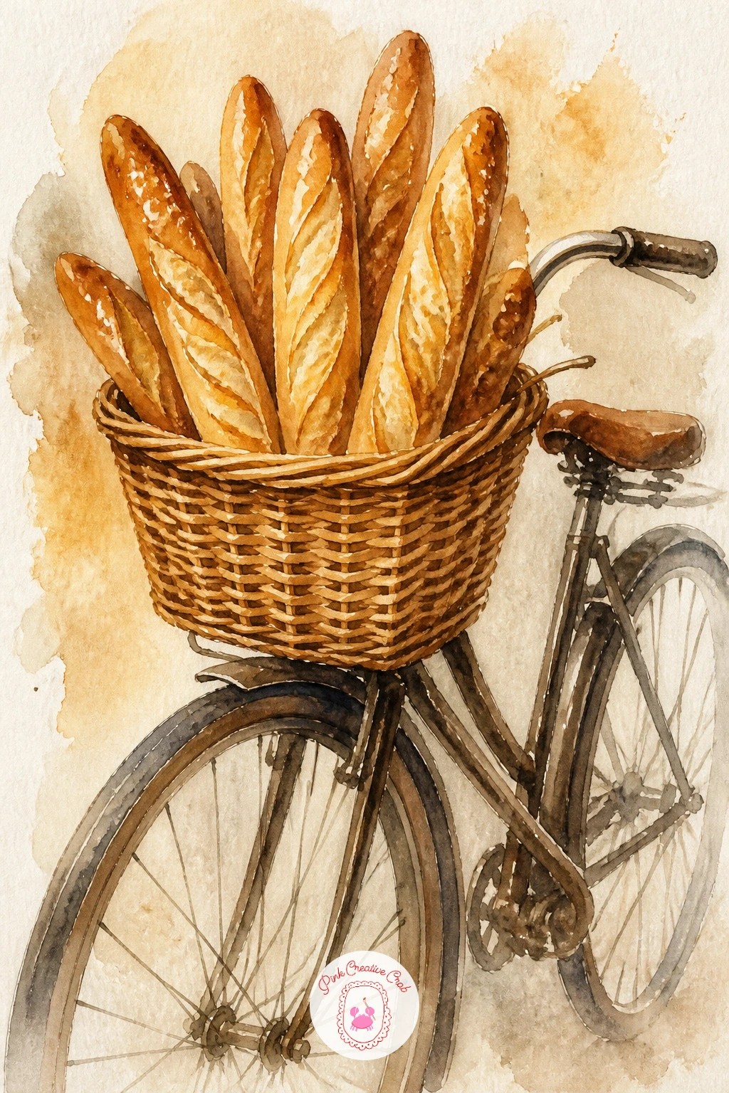 Basket of Baguettes on a Bike — Move from a single loaf to a whole little scene: a woven basket stuffed with baguettes, balanced on the front of a bicycle.