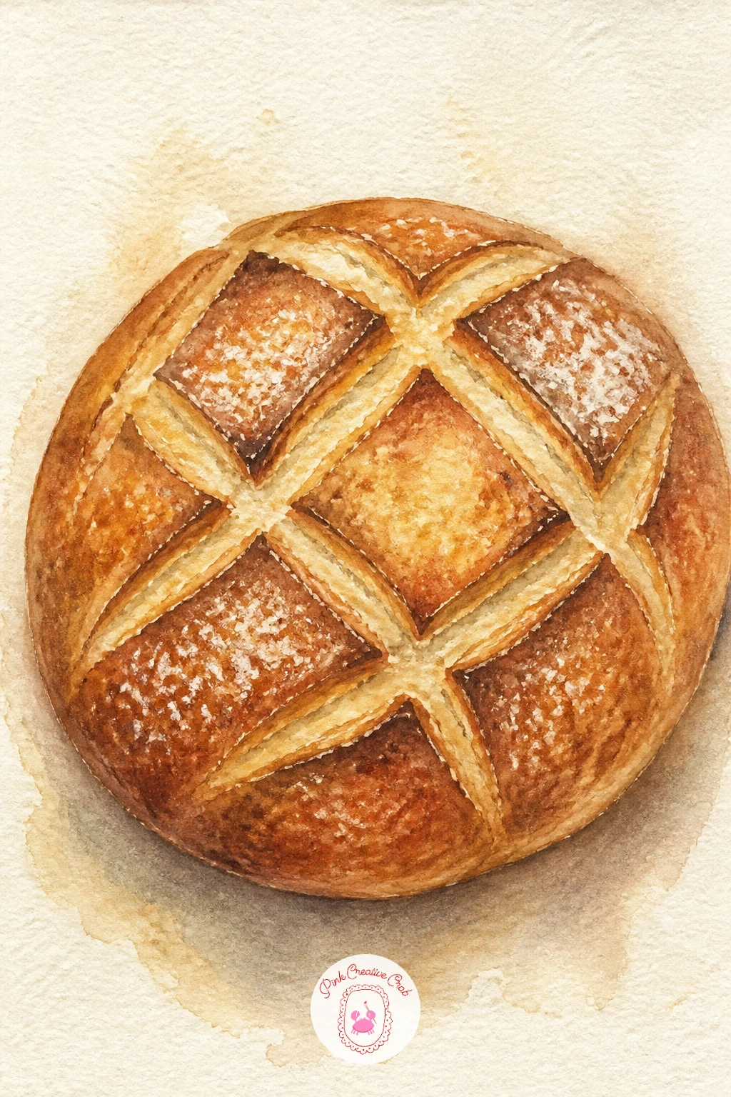 Sourdough Loaf With Scored Pattern — Start where every bread painter should start: a single round sourdough loaf. Bread watercolor