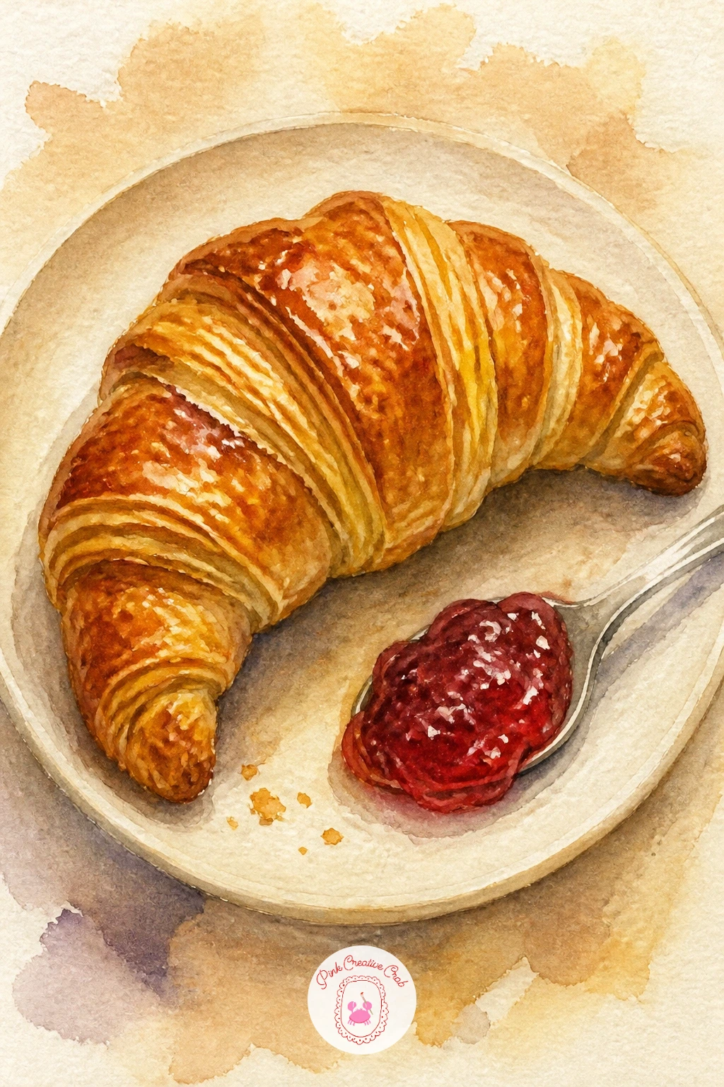 Croissant on a Plate With Jam — After painting straight loaves, a croissant is good practice for curved, layered shapes. Bread watercolor