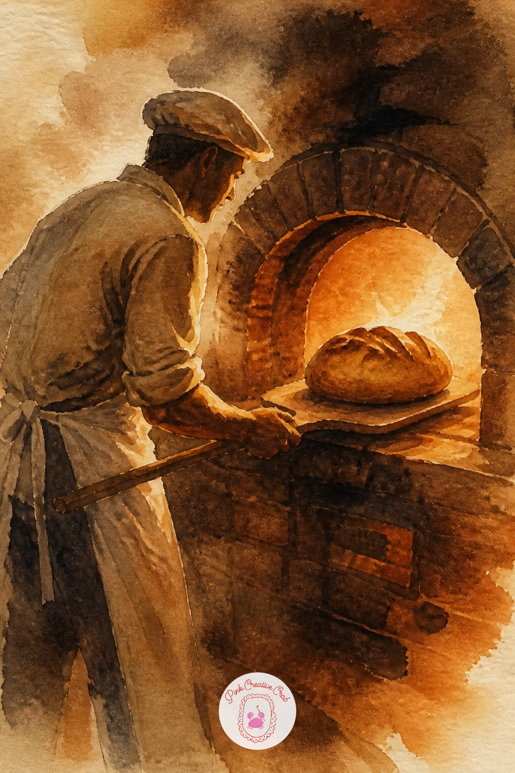 Baker Pulling Bread From an Oven — This is your first figure in the series, so keep the baker simple: a loose silhouette in an apron, arms extended, holding a