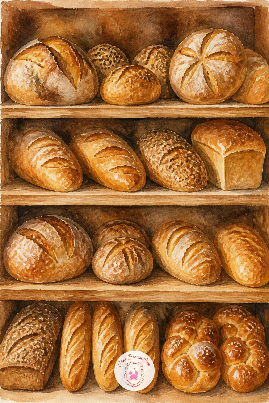 Bakery Shelf Full of Loaves — Once a few single loaves feel comfortable, try painting a whole shelf of them lined up together. Bread watercolor