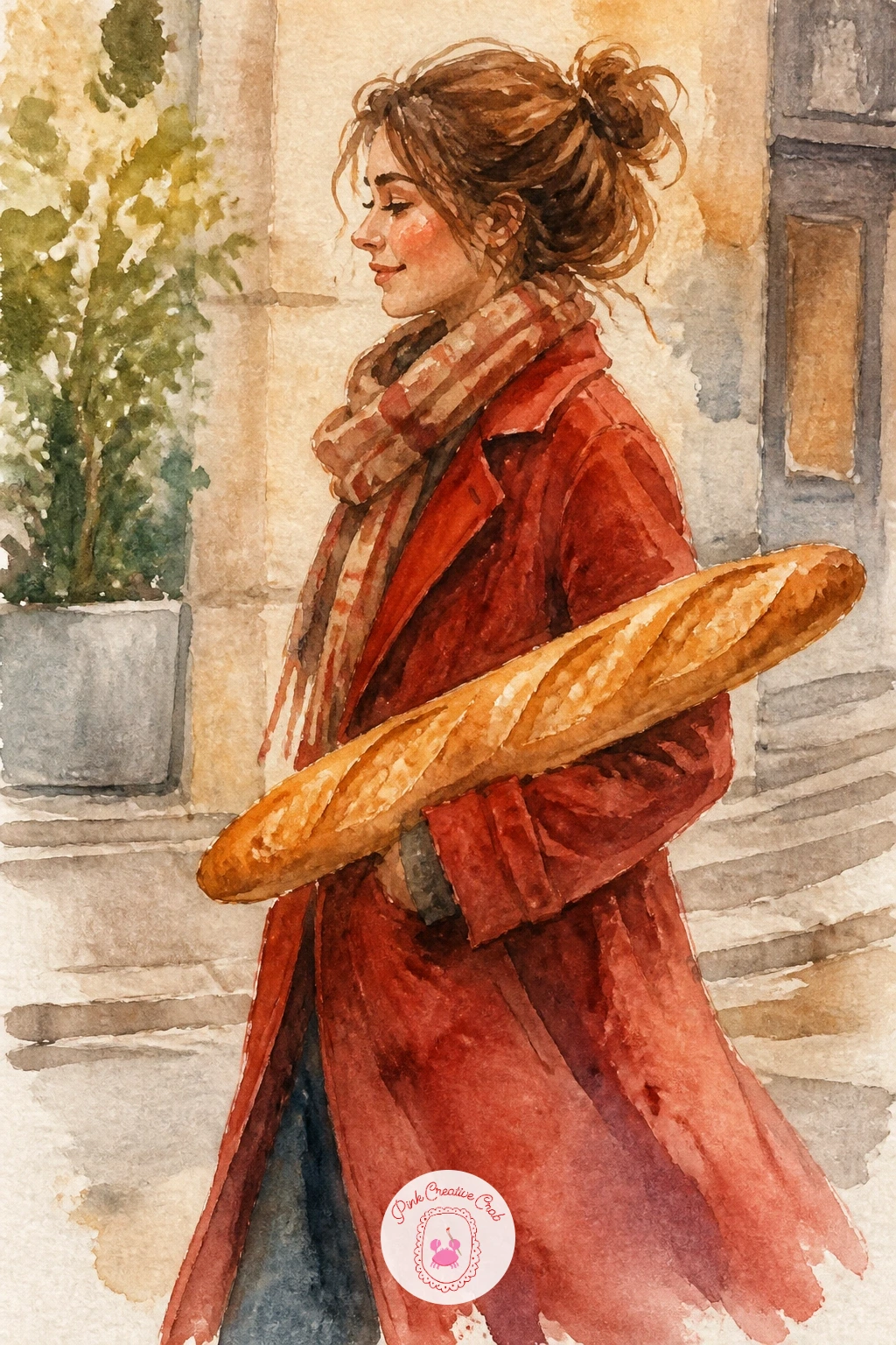 Girl Carrying a Baguette Under Her Arm — Bring a small figure back in with this cheerful little scene: a girl walking along with a baguette tucked under one