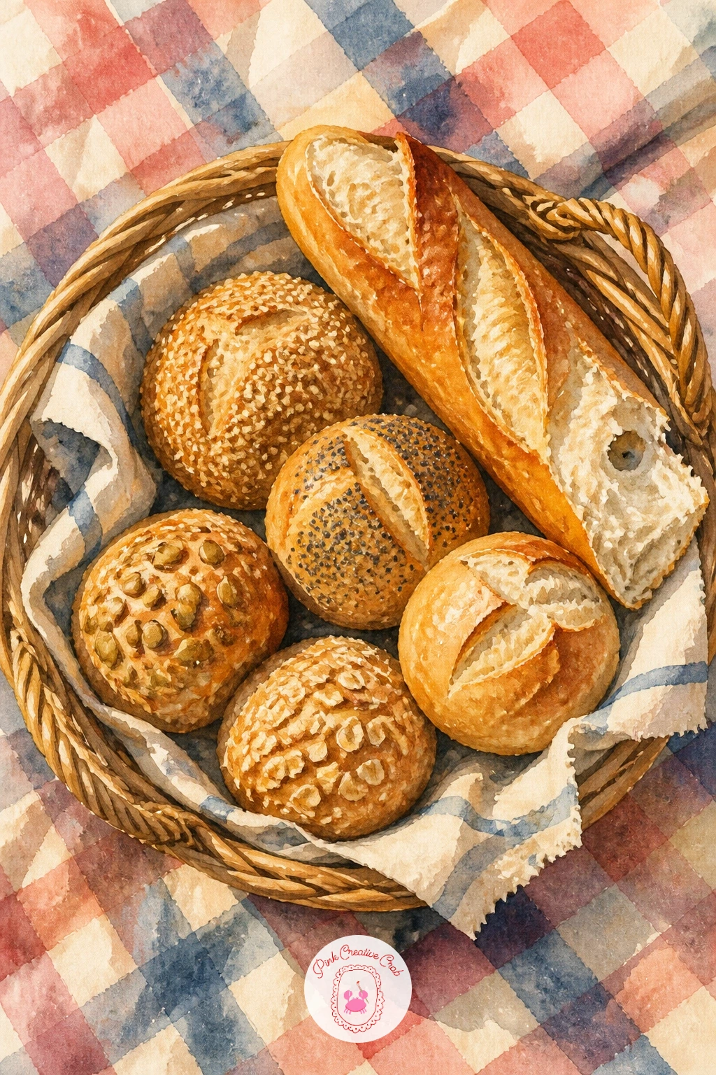 Bread Basket on a Picnic — Widen the scene again with a basket of bread set out on a picnic blanket. Bread watercolor