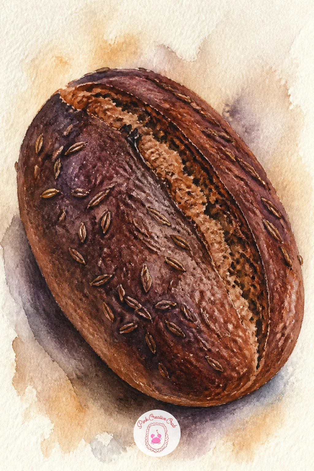 Rye Loaf With Seeds — Rye bread has a denser, darker look than most loaves here, which makes it a good contrast piece if you have painted several golden loaves