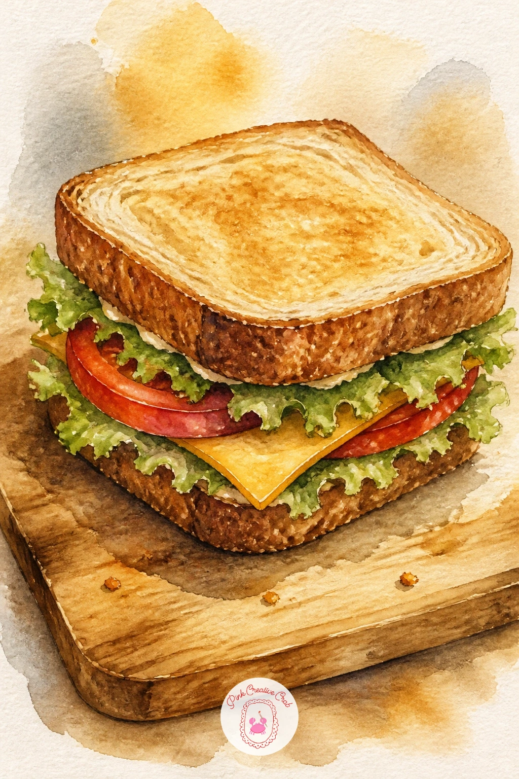 Sandwich on a Cutting Board — A stacked sandwich is a fun exercise in painting layers from the side. Bread watercolor