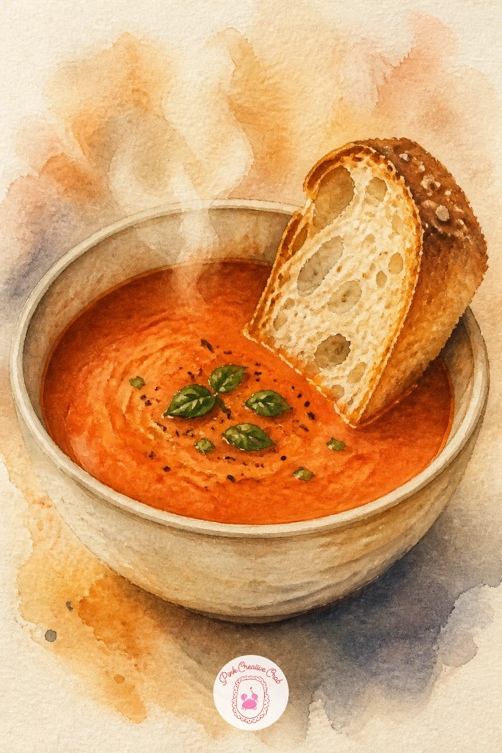 Soup and Bread Lunch — Pair your bread with a warm bowl of soup for a full cozy lunch scene. Bread watercolor