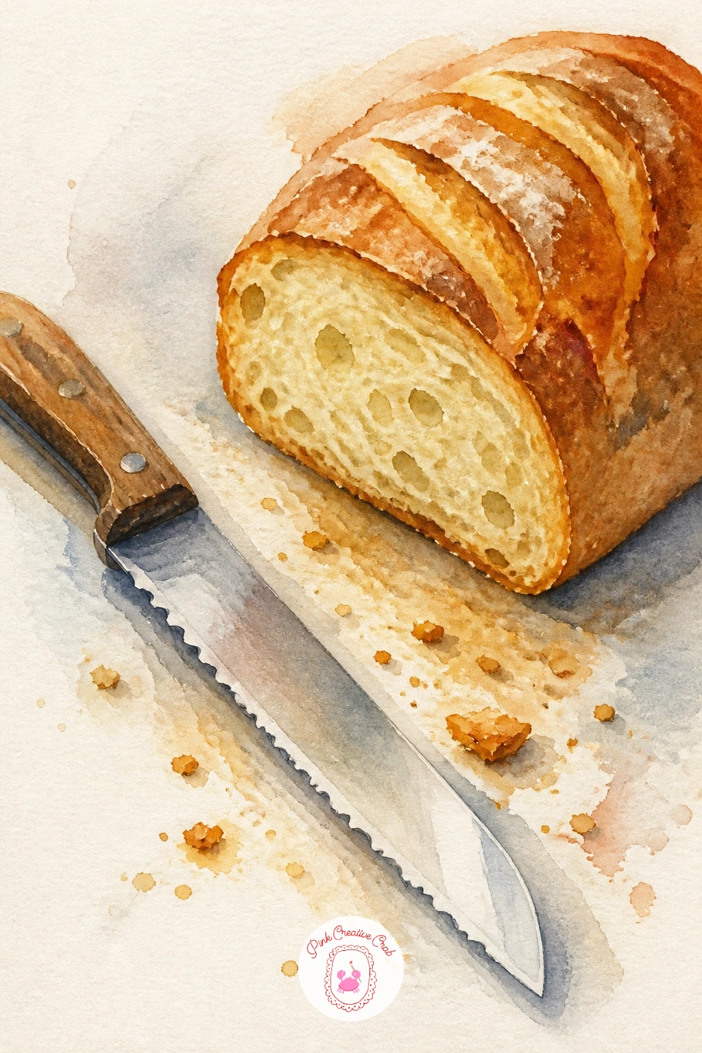 Bread Knife and Crumbs — Zoom in close for this one: just a serrated bread knife lying beside a scatter of crumbs and maybe one cut end of a loaf. Bread