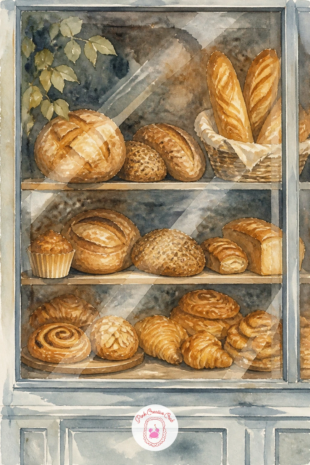 Bakery Window Display — Painting a bakery window lets you place several of your earlier bread shapes together behind glass, framed by a cozy storefront. Bread
