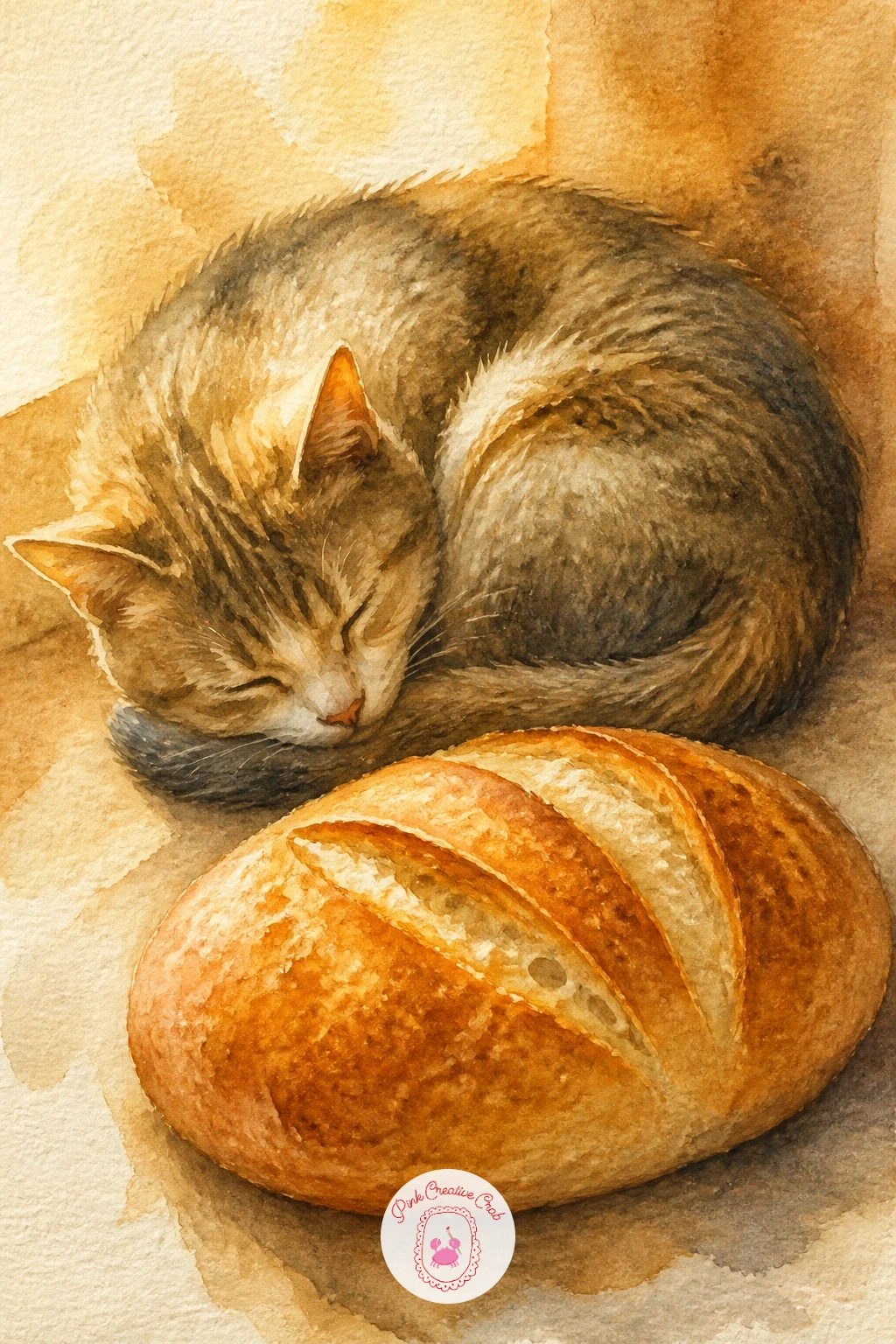 Cat Sleeping by a Warm Loaf — Give the bakery a little life with a cat curled up beside a warm loaf on the counter. Bread watercolor