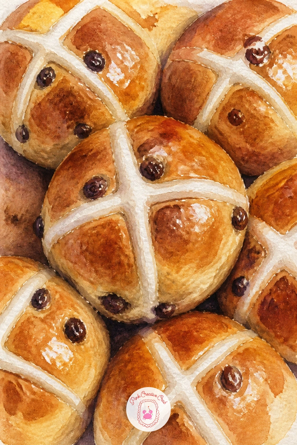 Hot Cross Buns — Hot cross buns give you a nice small cluster to paint together, three or four buns touching slightly where they baked side by side. Bread
