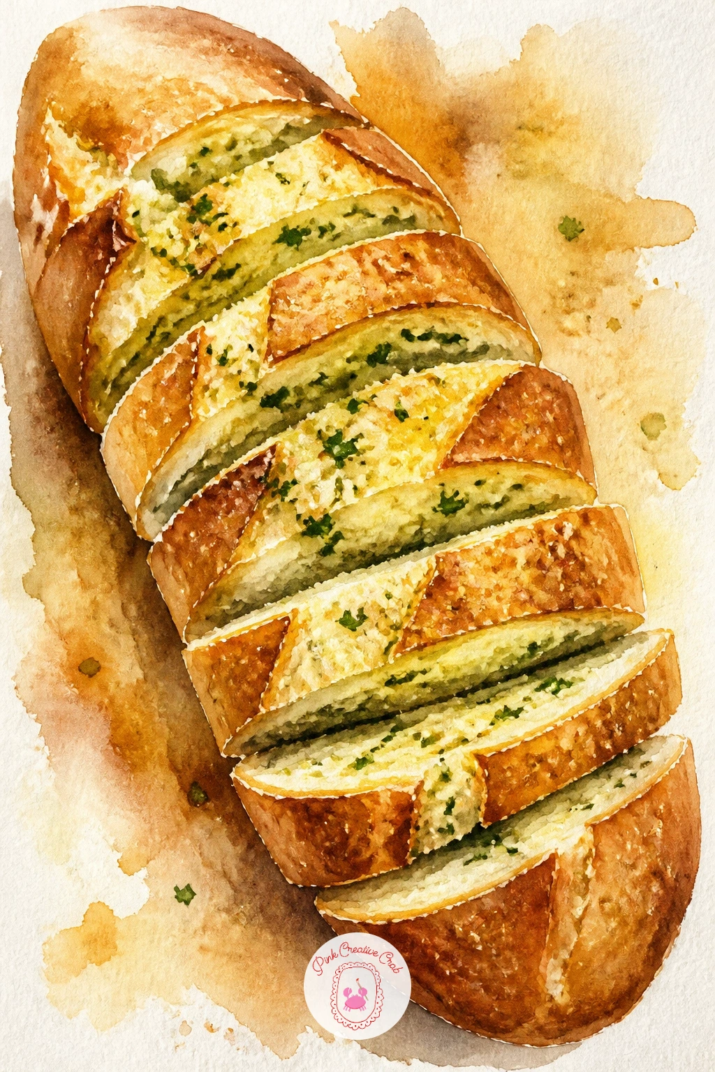 Garlic Bread — Garlic bread's sliced, fanned-out shape makes it a nice composition exercise after painting so many whole loaves. Bread watercolor