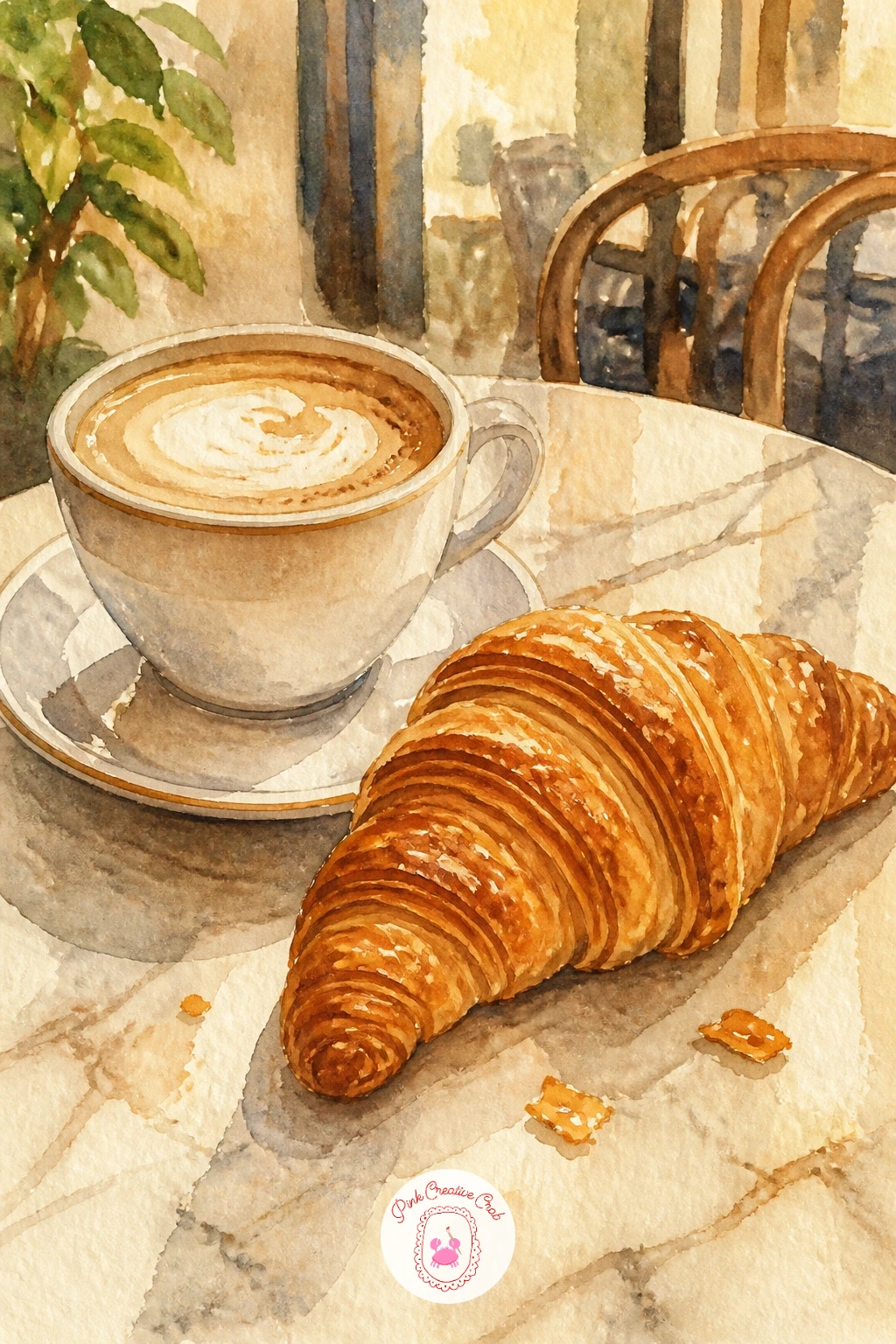 Croissant With Coffee on a Cafe Table — Pair your croissant skills with a coffee cup for a full little cafe moment. Bread watercolor