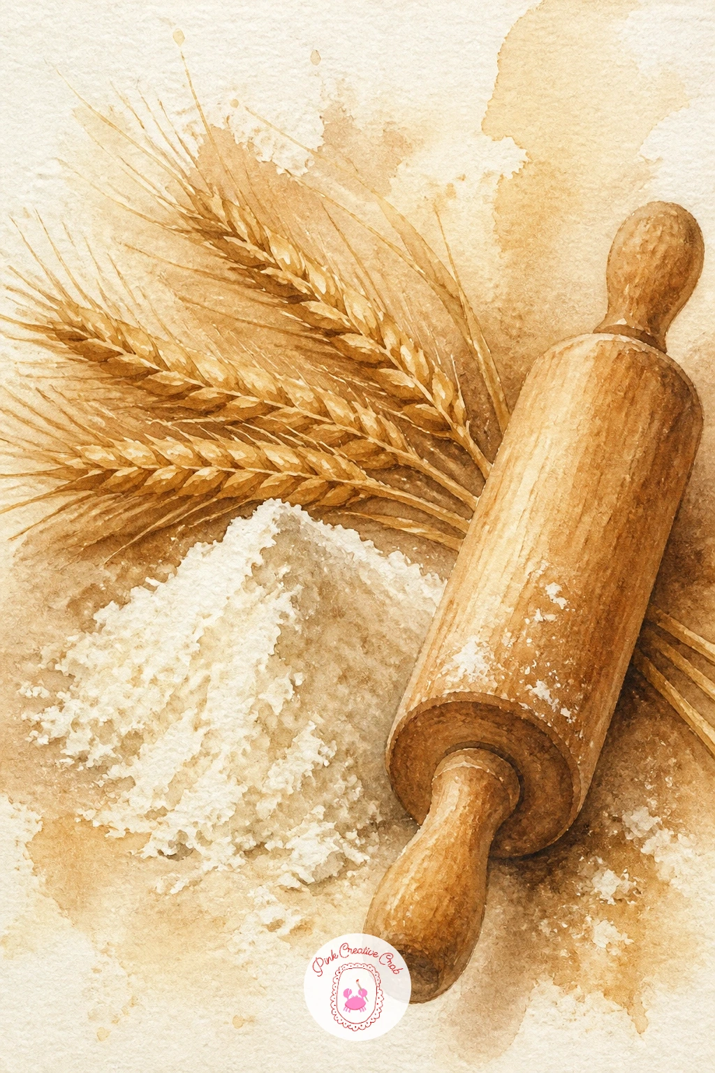 Flour, Wheat and a Rolling Pin — This still life pulls back to the ingredients and tools behind every loaf: a small pile of flour, a few stalks of wheat, and a