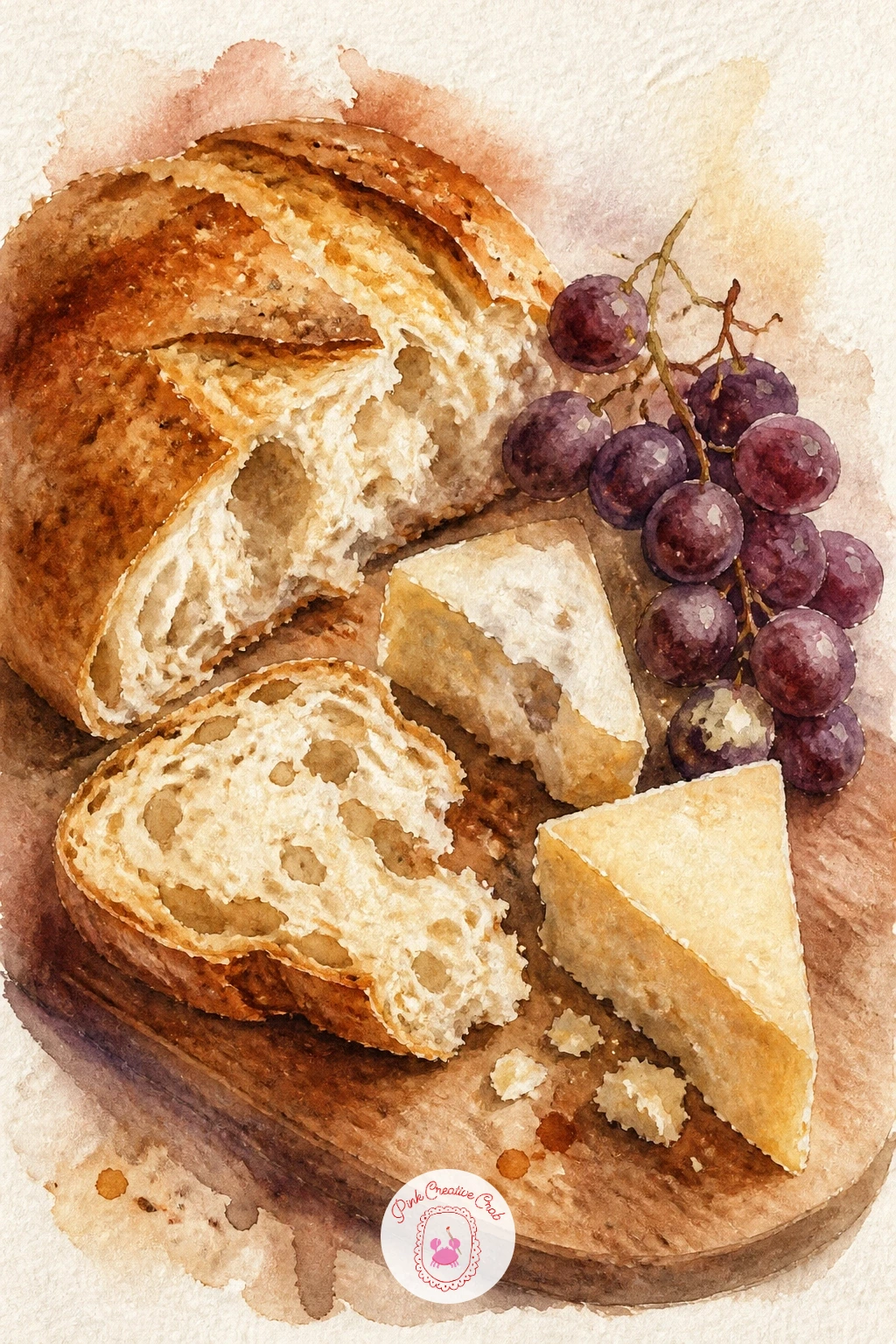 Bread and Cheese Board — Close out the list with a fuller spread: a wooden board holding a torn loaf, a wedge or two of cheese, and perhaps a small bunch of