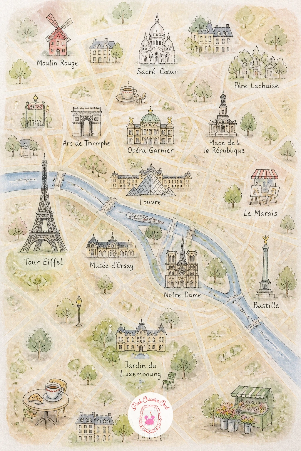 Map of Paris Landmarks — Start the whole collection with a map of Paris, because its river gives you an easy backbone to build around. Watercolor map