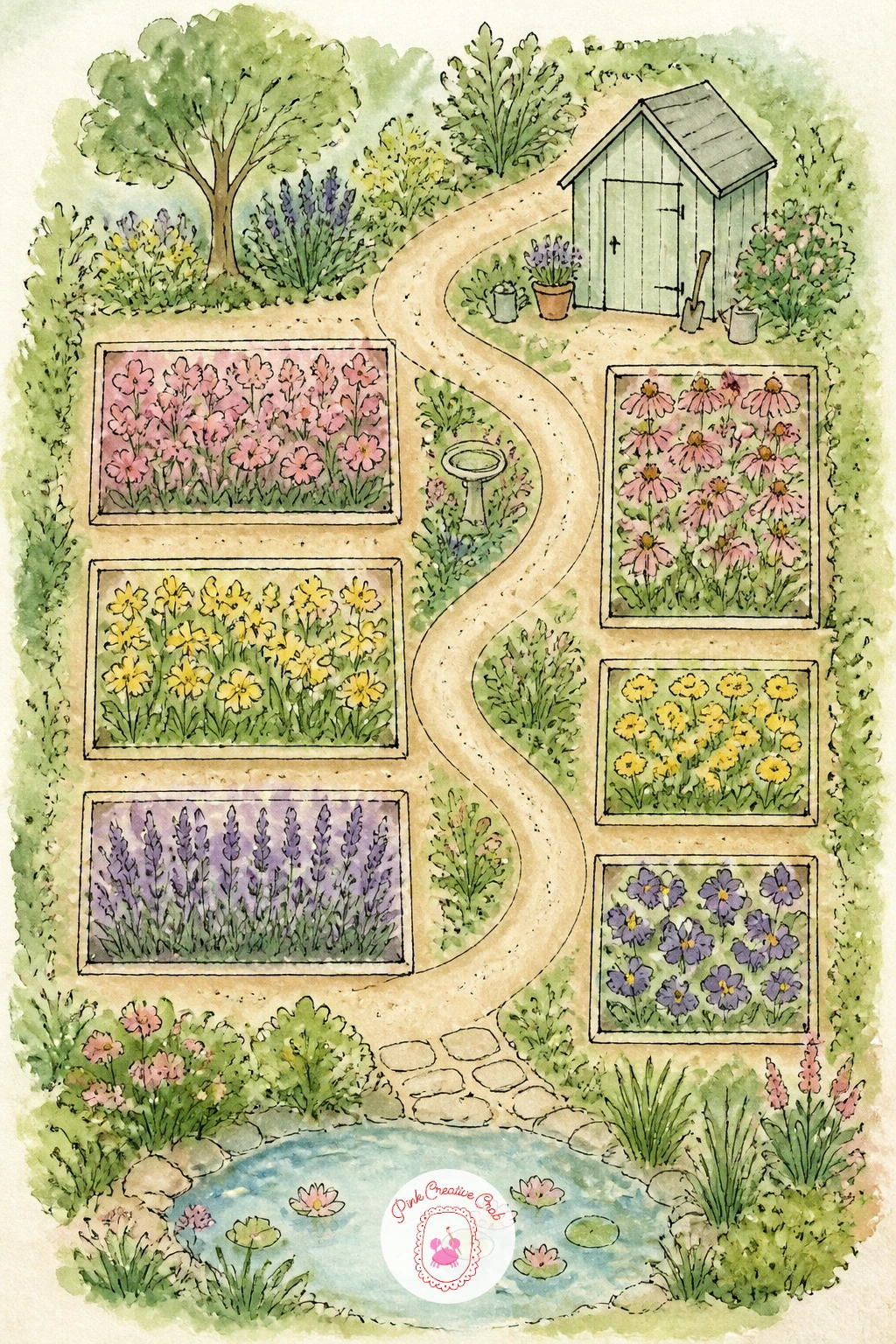 Garden Map With Flower Beds — Move from a city to something smaller and slower: a garden map laid out like a page from an old seed catalog. Watercolor map