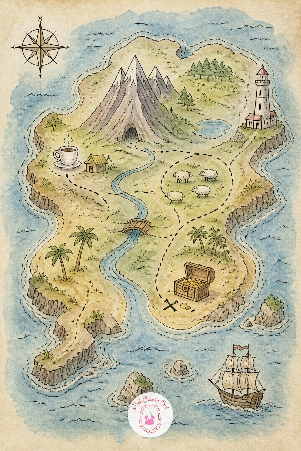 Treasure Map With an Island — Treasure maps are the most forgiving island shapes you will ever draw, because no coastline is wrong. Watercolor map