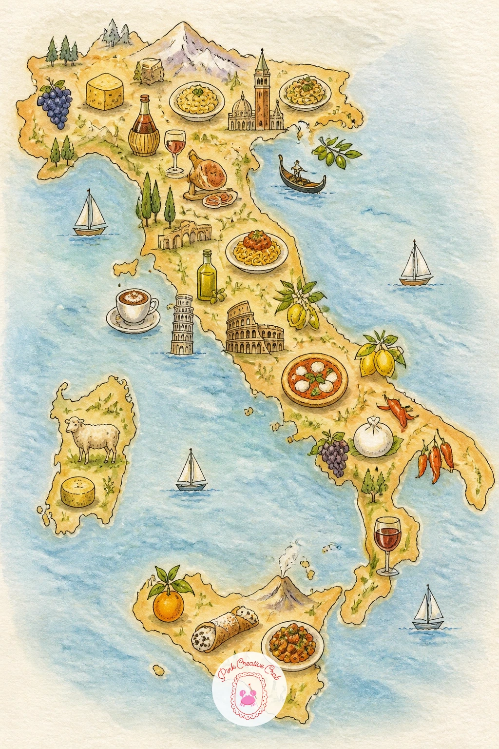 Map of Italy With Food Icons — After a neighborhood scale, stretch back out to a whole country with a map of Italy told entirely through food. Watercolor map