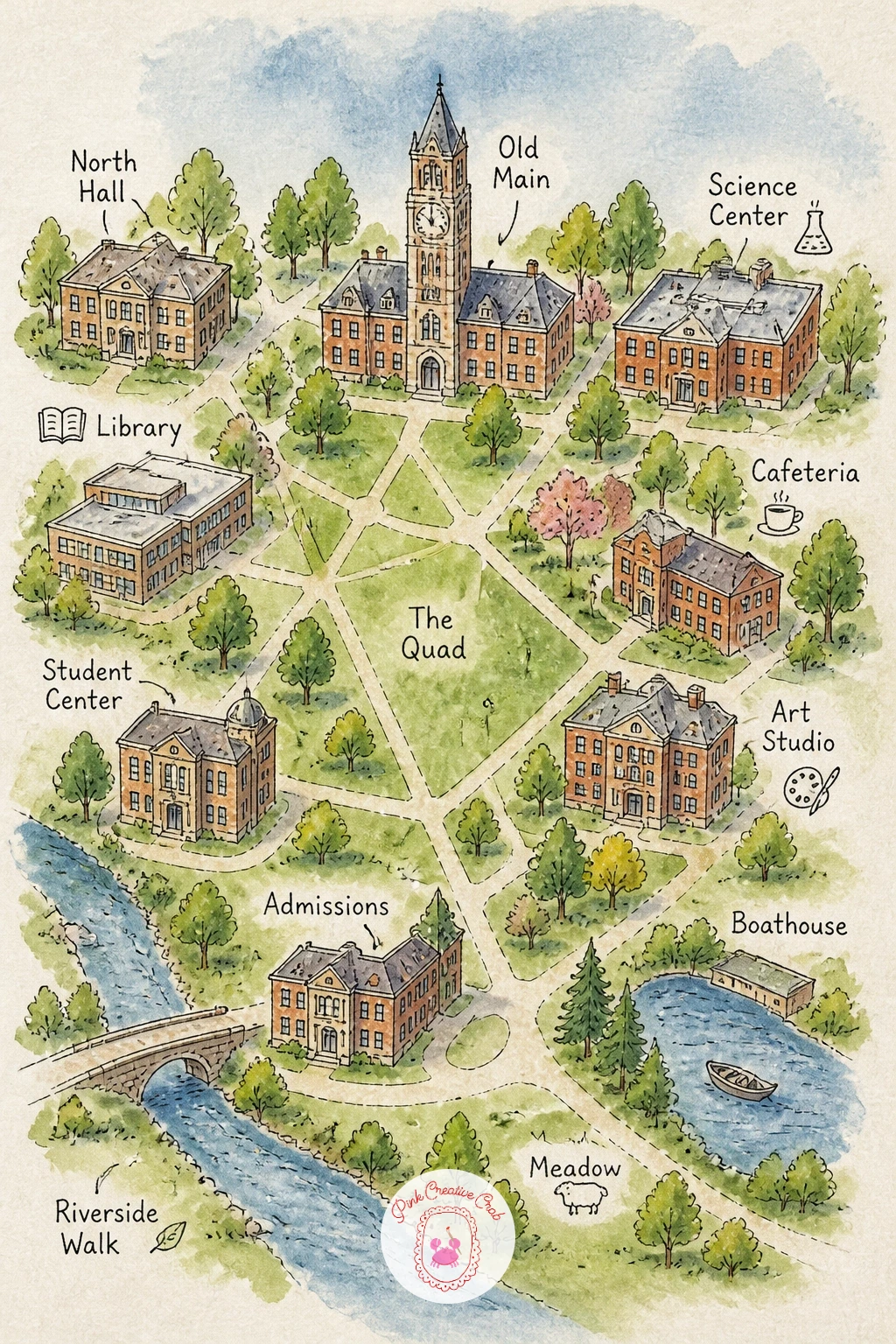 Campus Map — A campus map works almost like the neighborhood one but denser, so it rewards a slightly more confident hand. Watercolor map