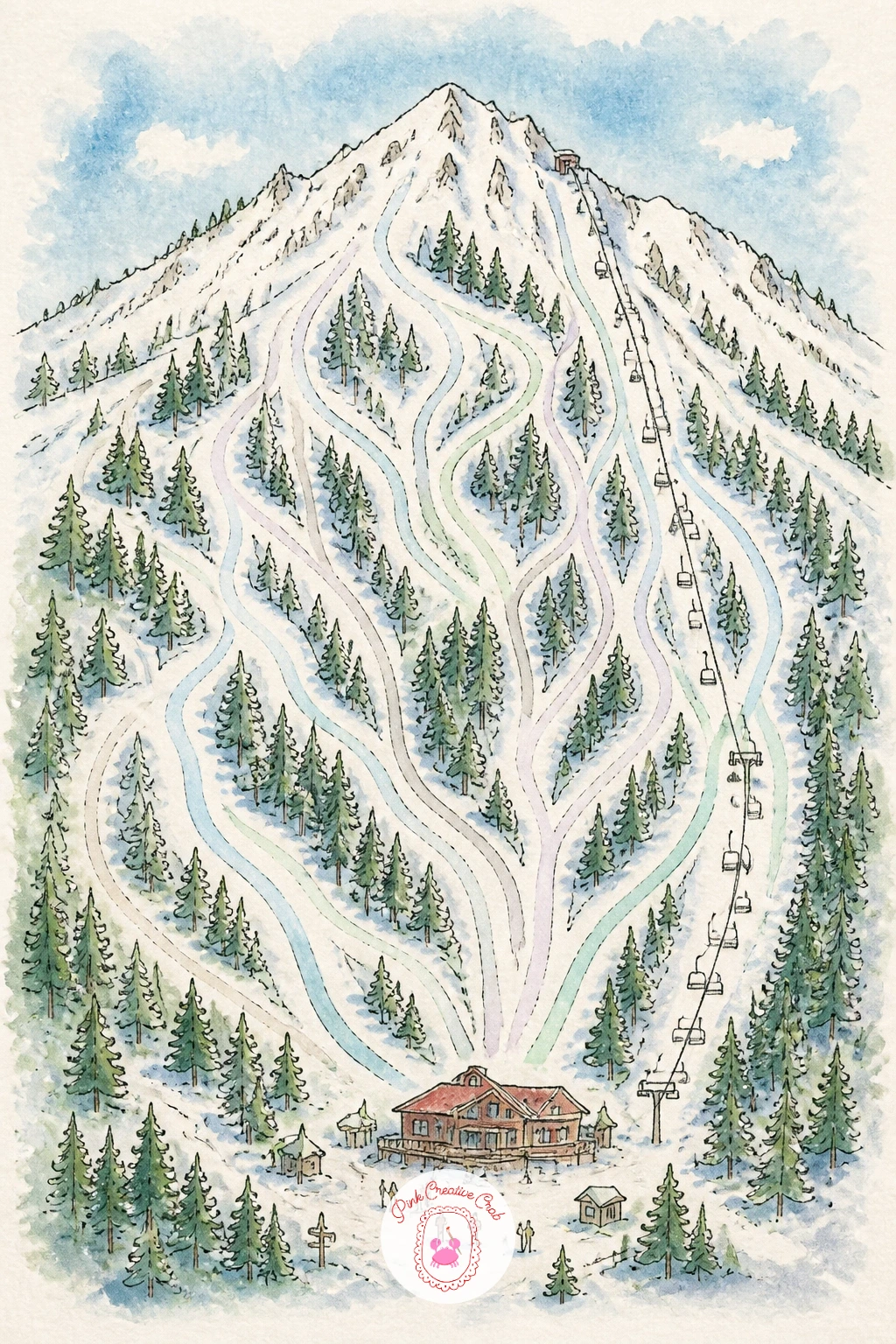 Ski Resort Map — Trade green quads for white slopes with a ski resort map, built around a mountain rather than streets. Watercolor map