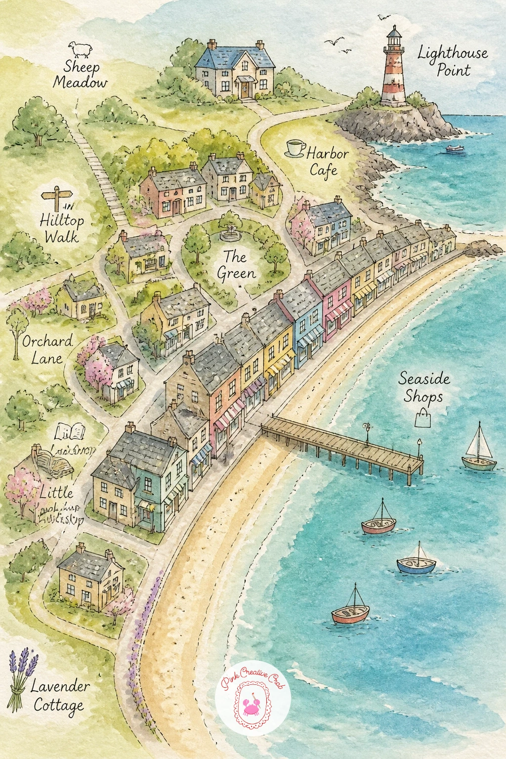 Beach Town Map — Warm things back up with a beach town map, laid out along a stretch of coastline rather than a grid. Watercolor map