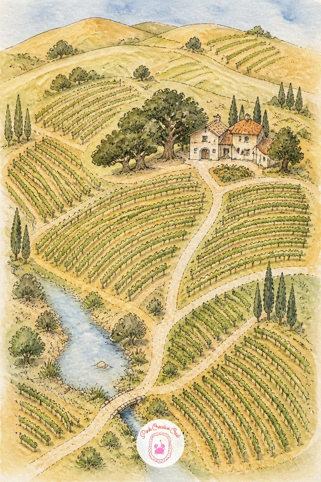 Map of a Vineyard — Move inland to rolling hills with a map of a vineyard, where the real subject is the pattern of the vine rows rather than any single