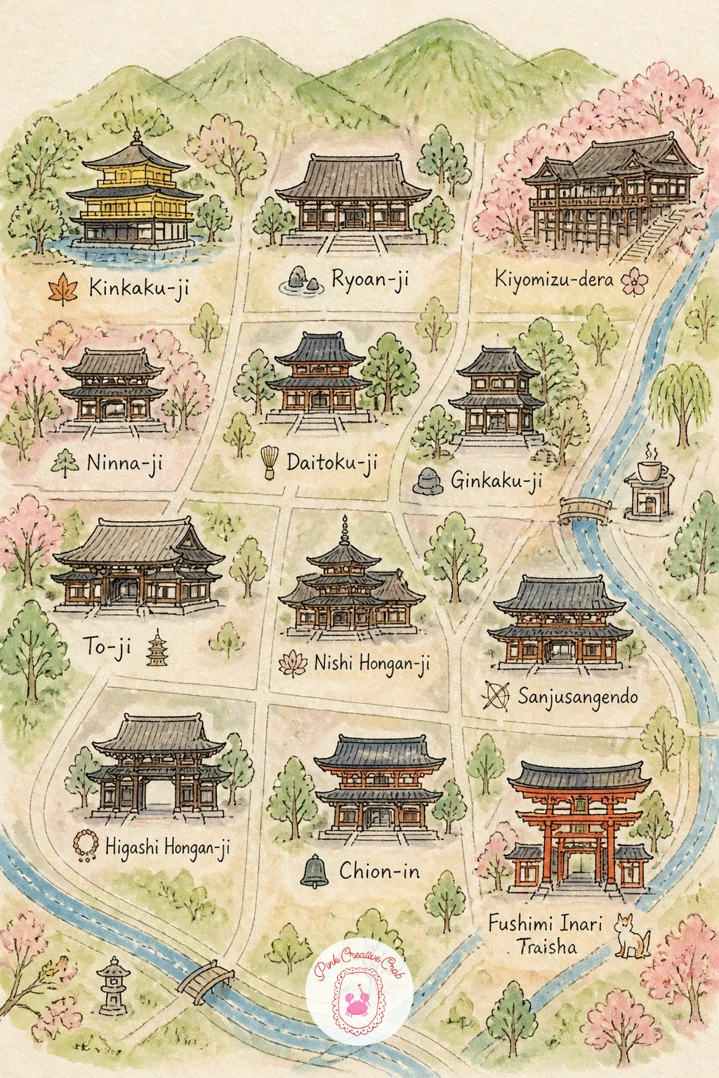 Map of Kyoto Temples — Carry that quieter, layered feeling into a map of Kyoto's temples, where empty space does as much work as the ink. Watercolor map