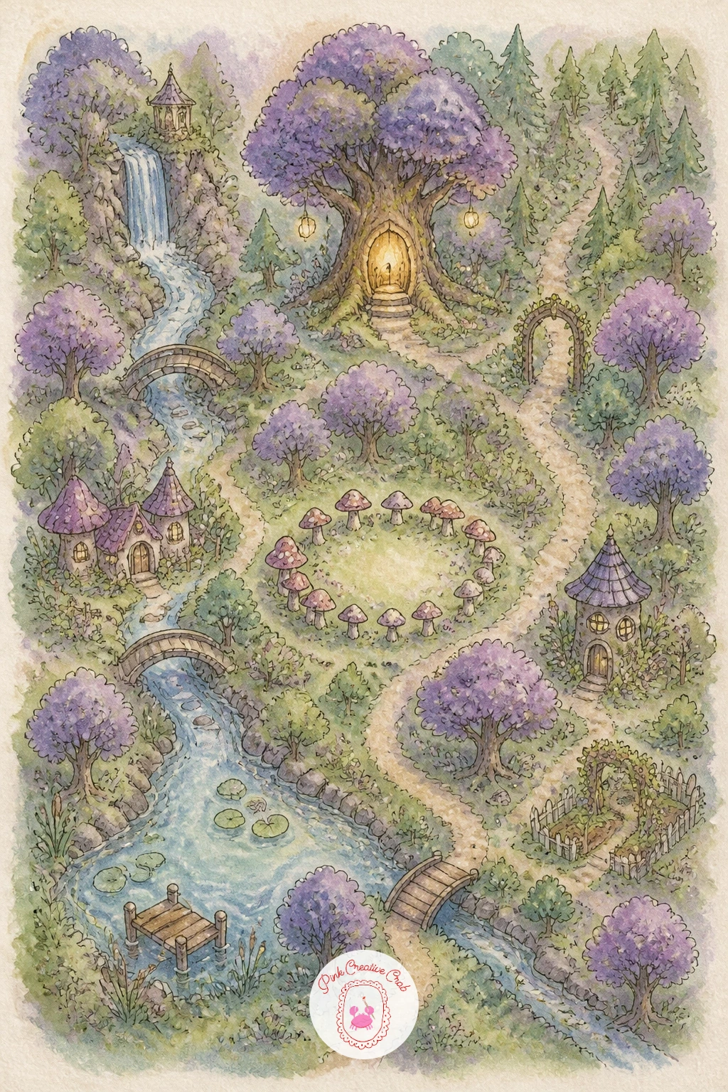 Map of a Fairy Forest — Let the lines go soft and strange again with a map of a fairy forest, somewhere between a real wood and a storybook. Watercolor map