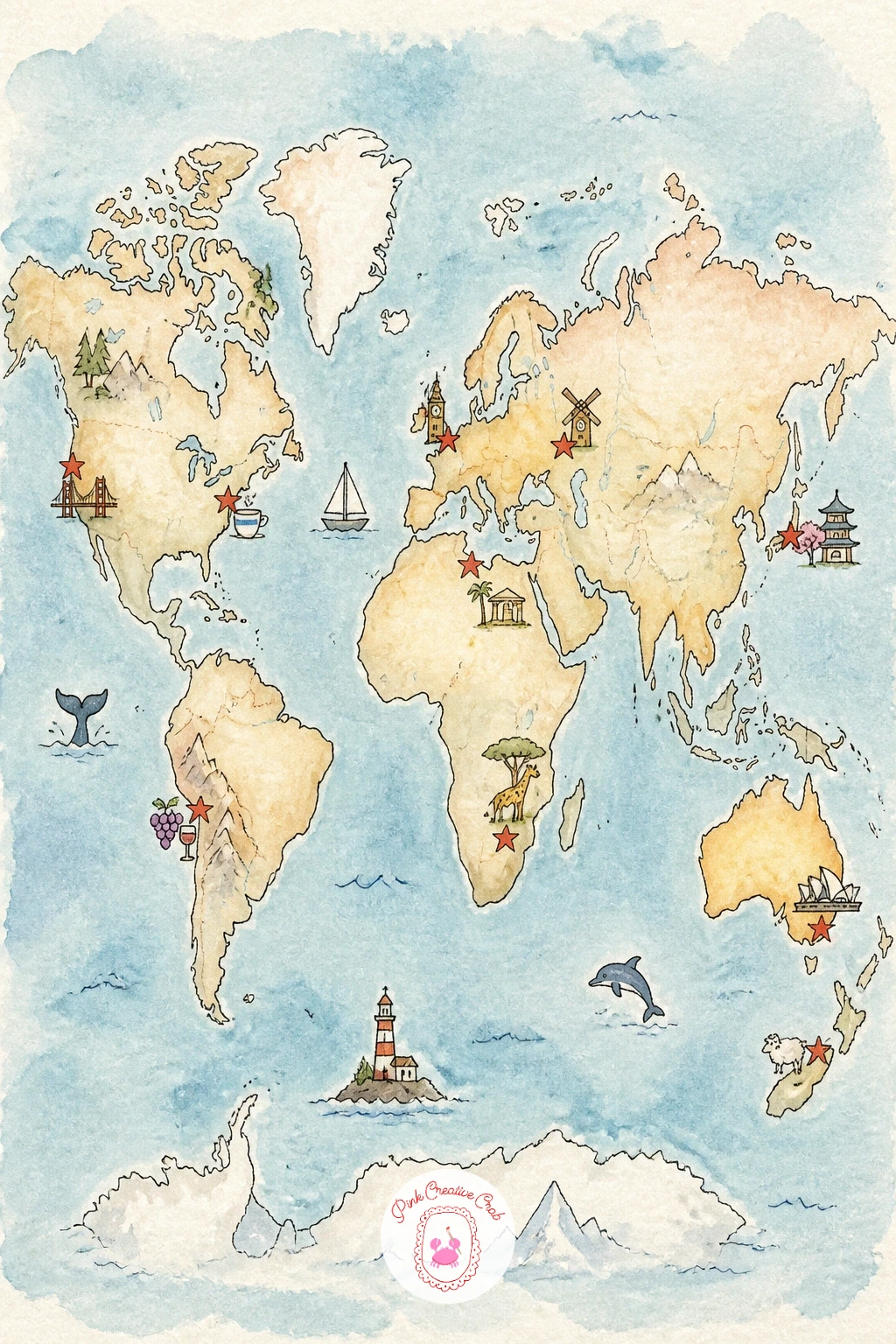 World Map With Favorite Trips — After a storybook forest, ground the page again with a world map marked with your own favorite trips. Watercolor map