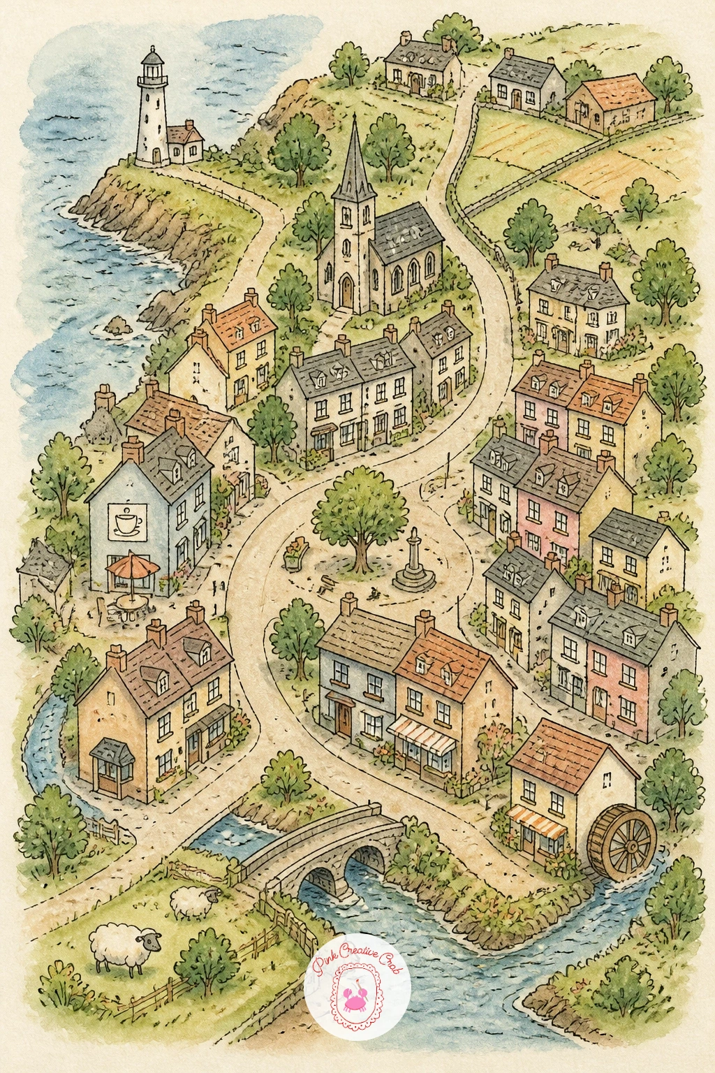 Map of a Cozy Village — Narrow the focus right down to a single cozy village, the kind with one main street and a church spire you can see from everywhere in
