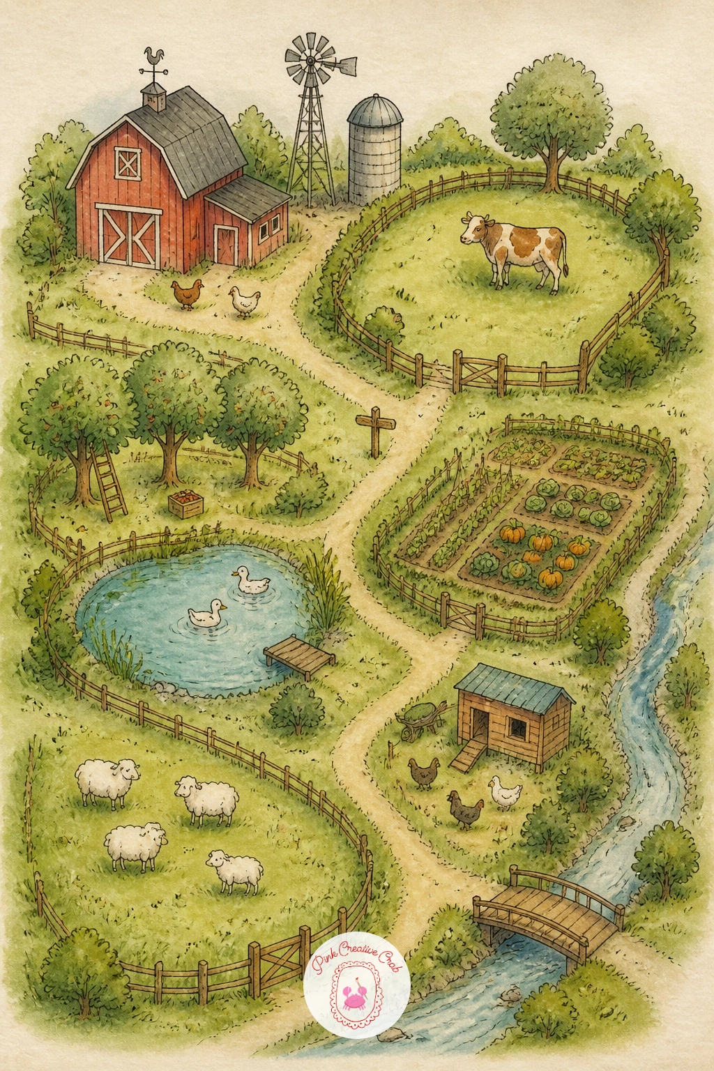 Farm Map With Animals — Bring in some life with a farm map built around a barnyard full of animals rather than buildings alone. Watercolor map