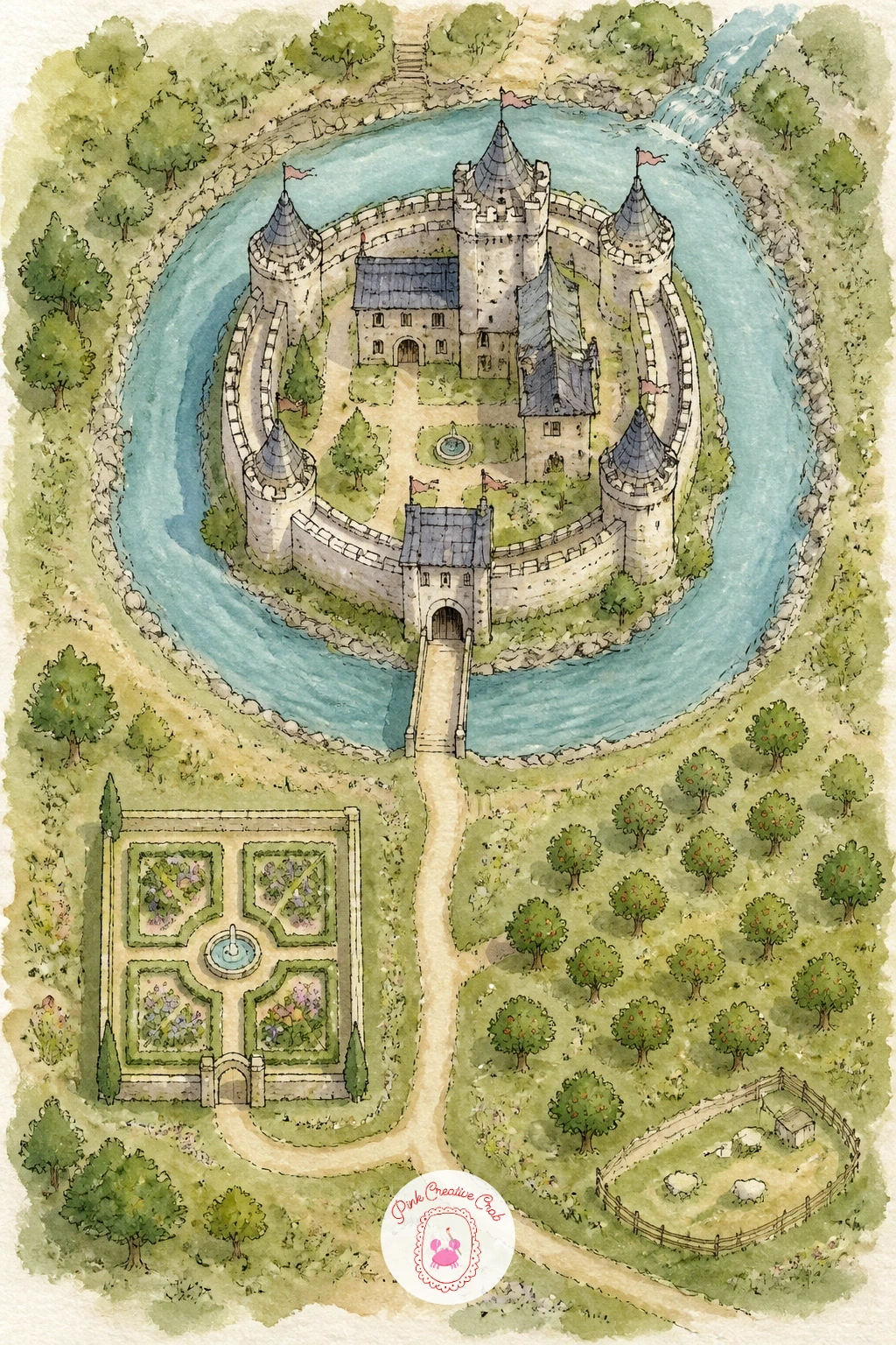 Castle Grounds Map — Return to something more fantastical with a castle grounds map, laid out the way an old estate plan might be. Watercolor map