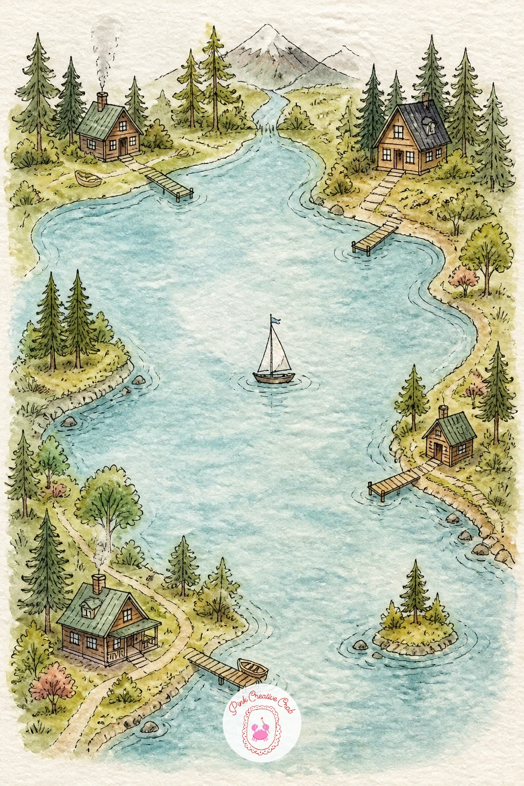 Lake Map With Cabins — Slow the pace down with a lake map ringed by small cabins, built almost entirely around a single body of water. Watercolor map