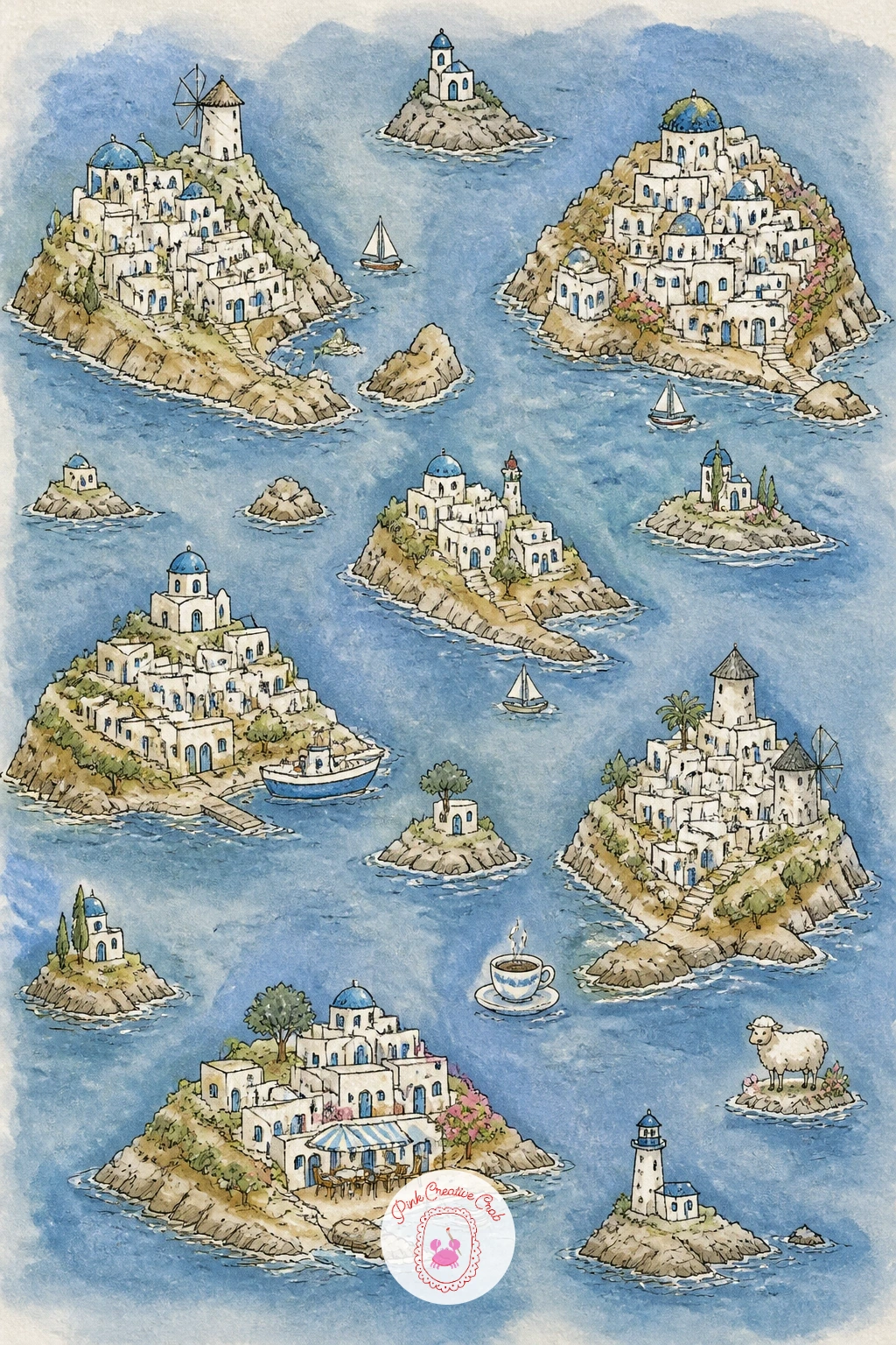 Map of Greek Islands — Scatter a handful of islands across a sea of blue with a map of the Greek islands, where white and blue do most of the storytelling.