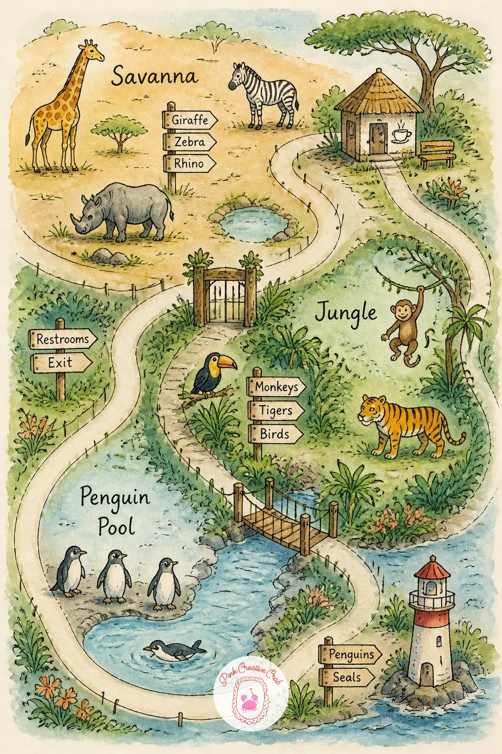 Zoo Map — Fill a page with the easy energy of a zoo map, organized the way a real park map is, by habitat zone rather than by street. Watercolor map