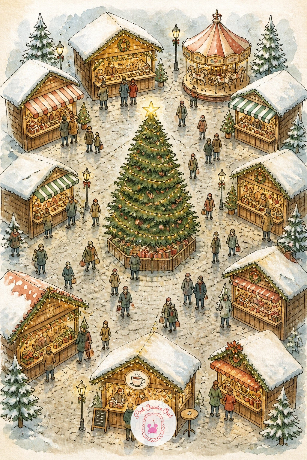 Christmas Market Map — Warm the page up with string lights and mulled wine for a Christmas market map, built around a single cozy square rather than a