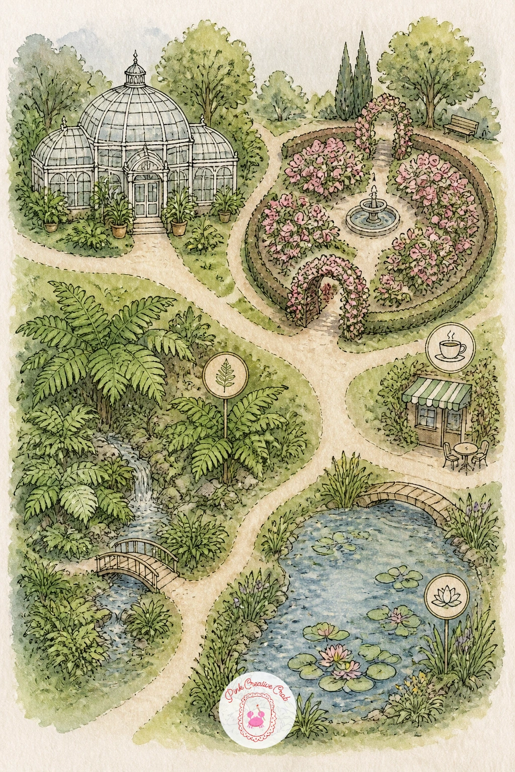 Botanical Garden Map — Return to green with a botanical garden map, more structured than the earlier flower bed garden and built around named sections instead.