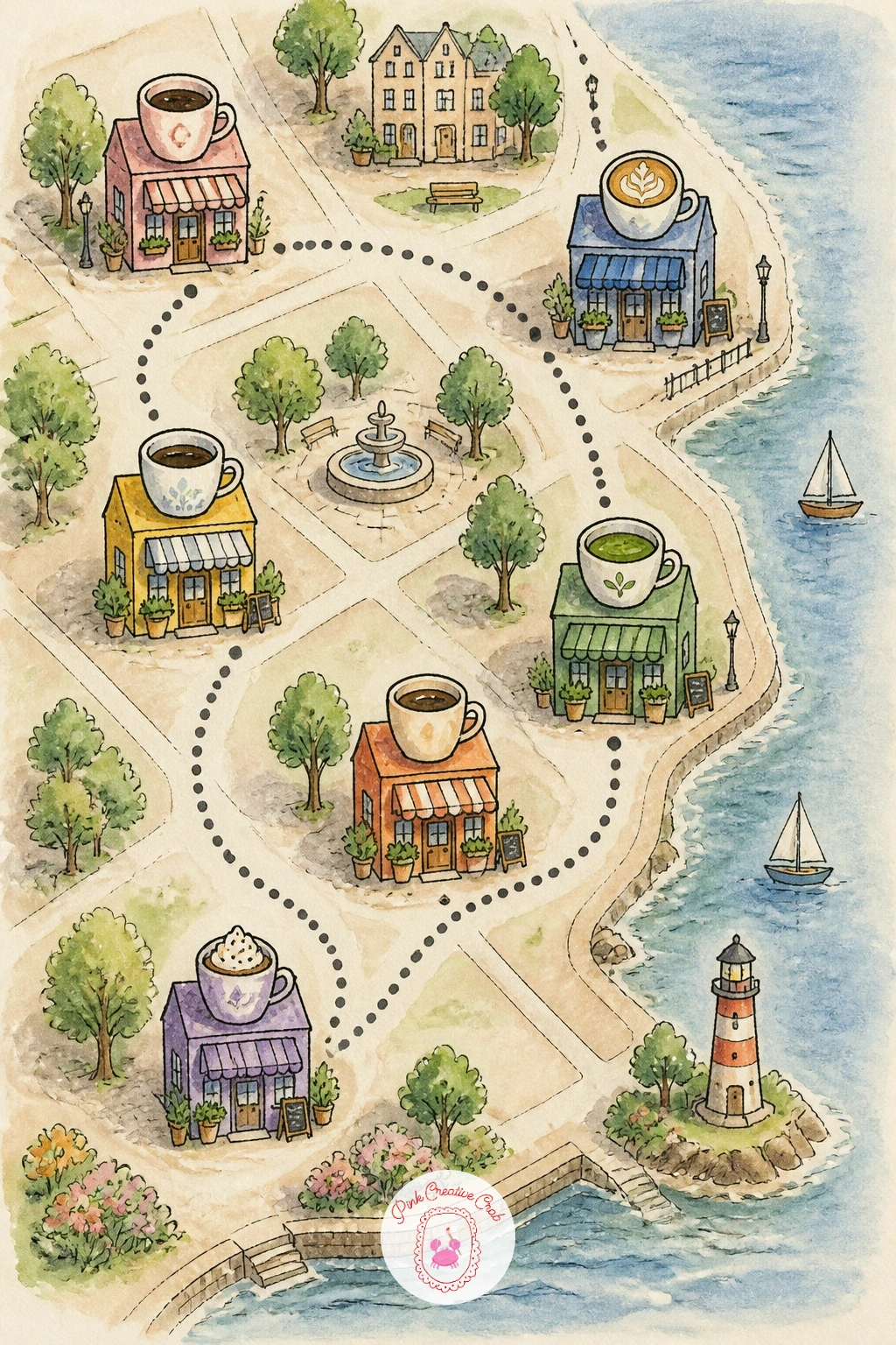 Coffee Shop Crawl Map — Make a map just for the coffee lovers with a coffee shop crawl, tracing a short walking route between a handful of favorite cafes.