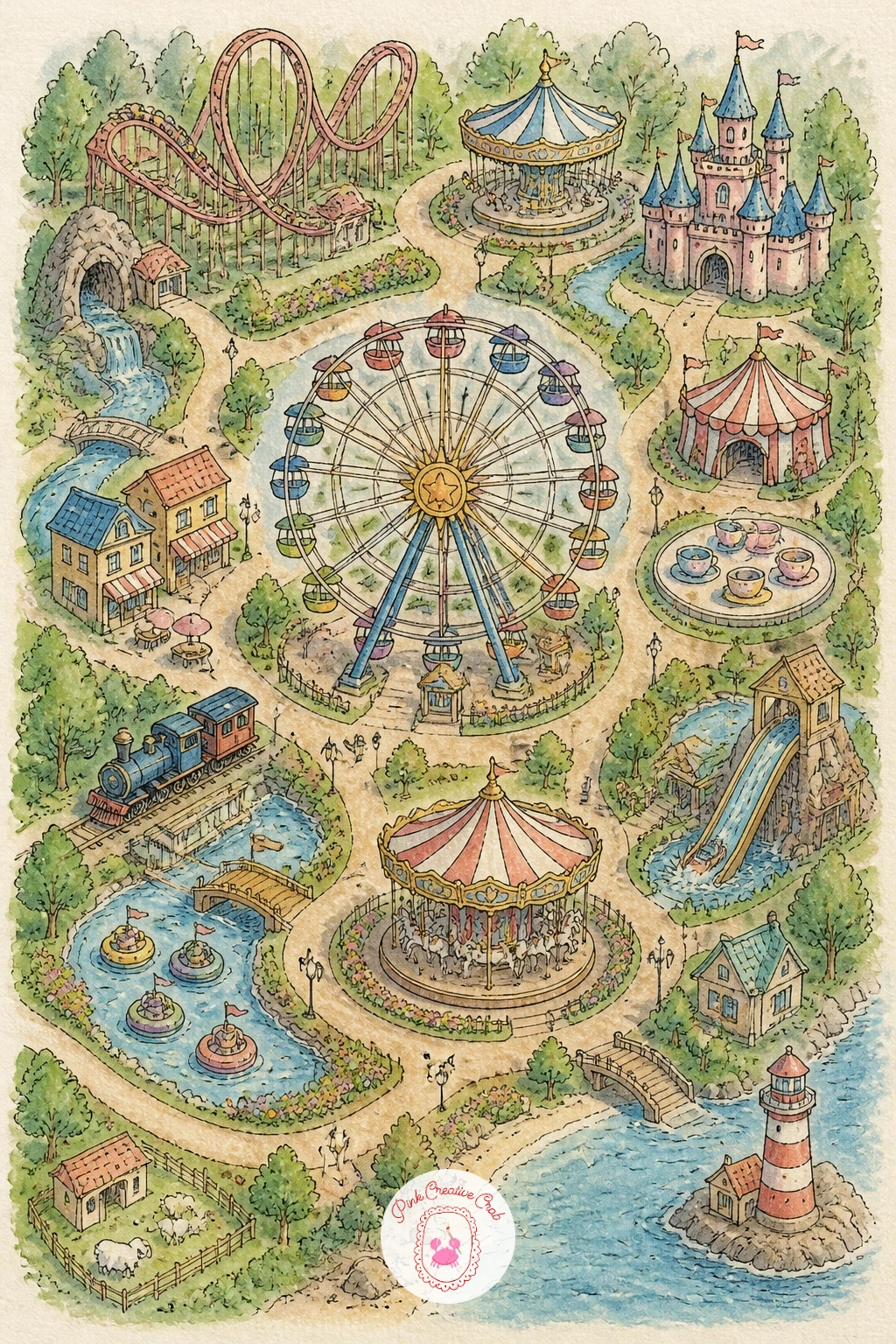 Map of a Theme Park — Bring the energy back up with a theme park map, busy, colorful and full of small attractions packed close together. Watercolor map