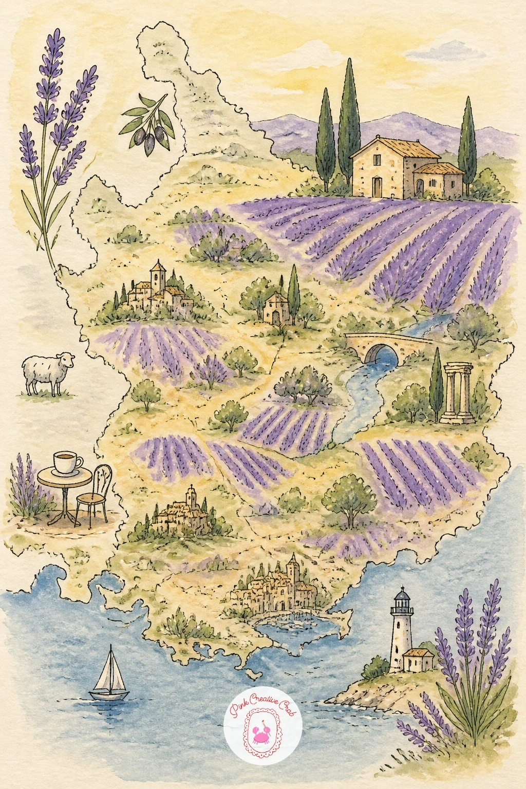 Map of Provence Lavender Fields — Slow the mood right down again with a map of Provence, carried almost entirely by rows of lavender rather than any buildings.