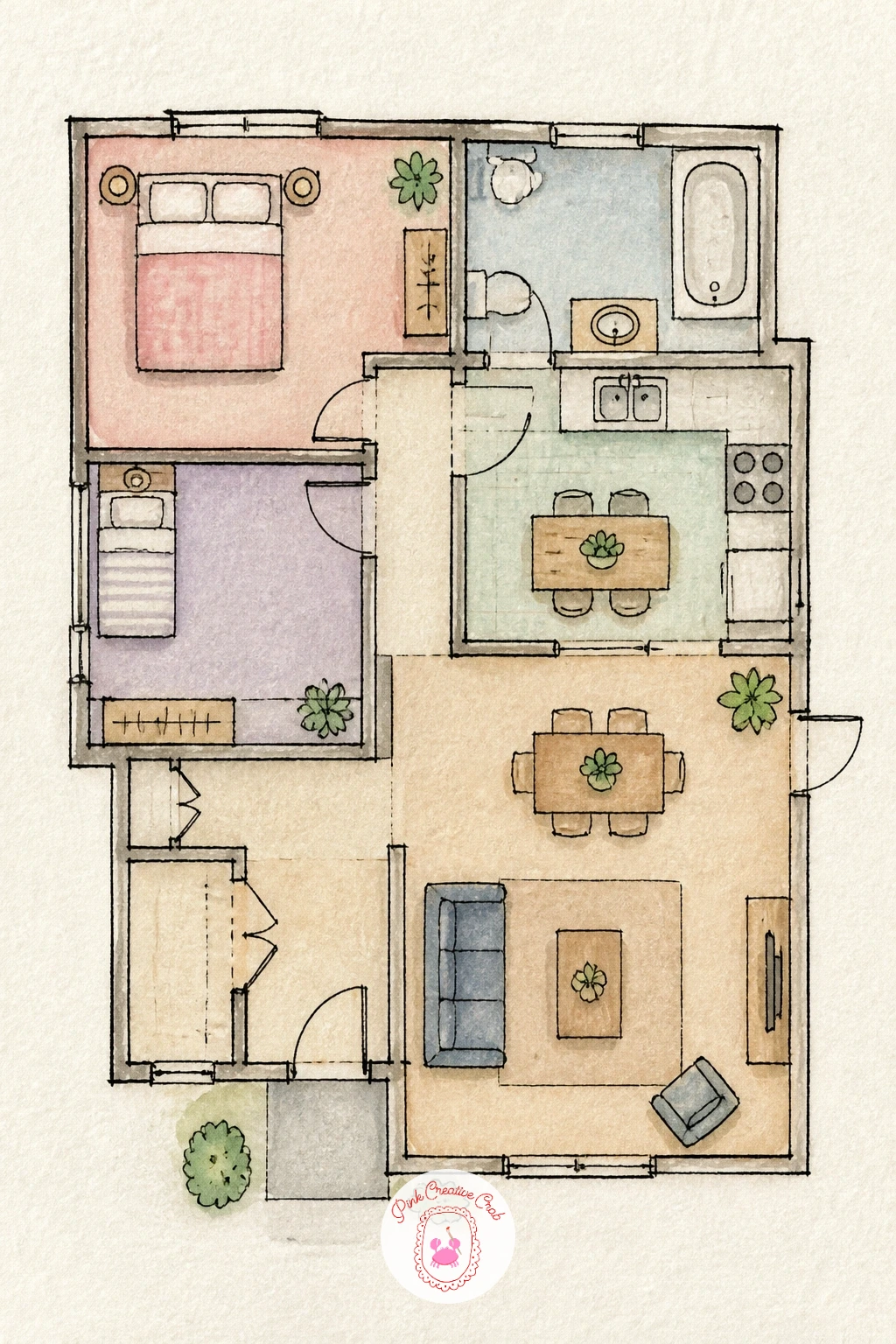 Map of a Home With Rooms — Turn the idea inward with a map of a home, treating each room the way the earlier maps treated a whole neighborhood. Watercolor map