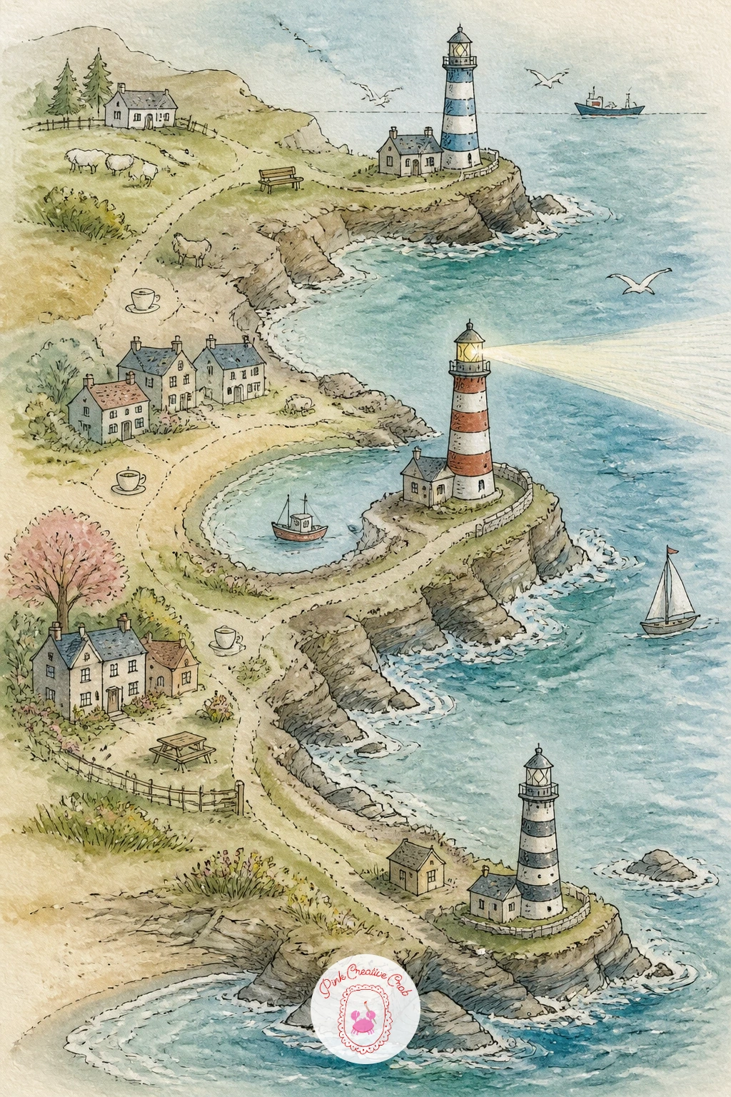 Coastline Map With Lighthouses — Head back to open water with a coastline map strung with lighthouses rather than towns. Watercolor map
