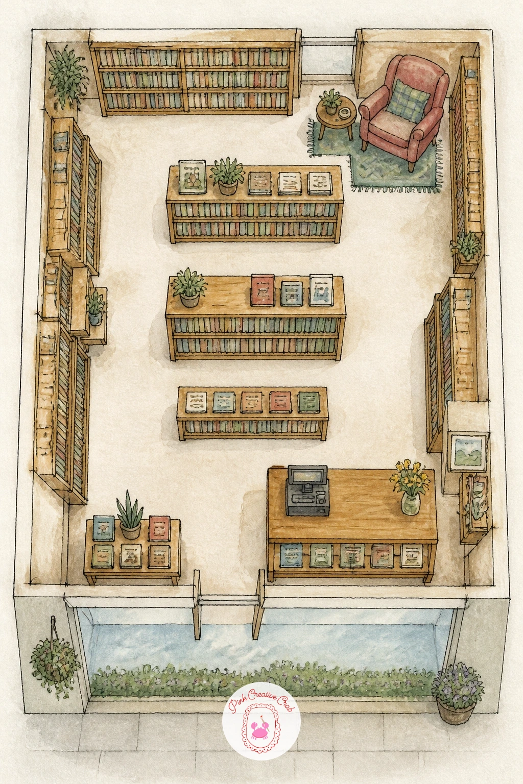 Bookshop Map — Bring the scale down to something intimate with a bookshop map, essentially a single cozy building mapped room by room. Watercolor map