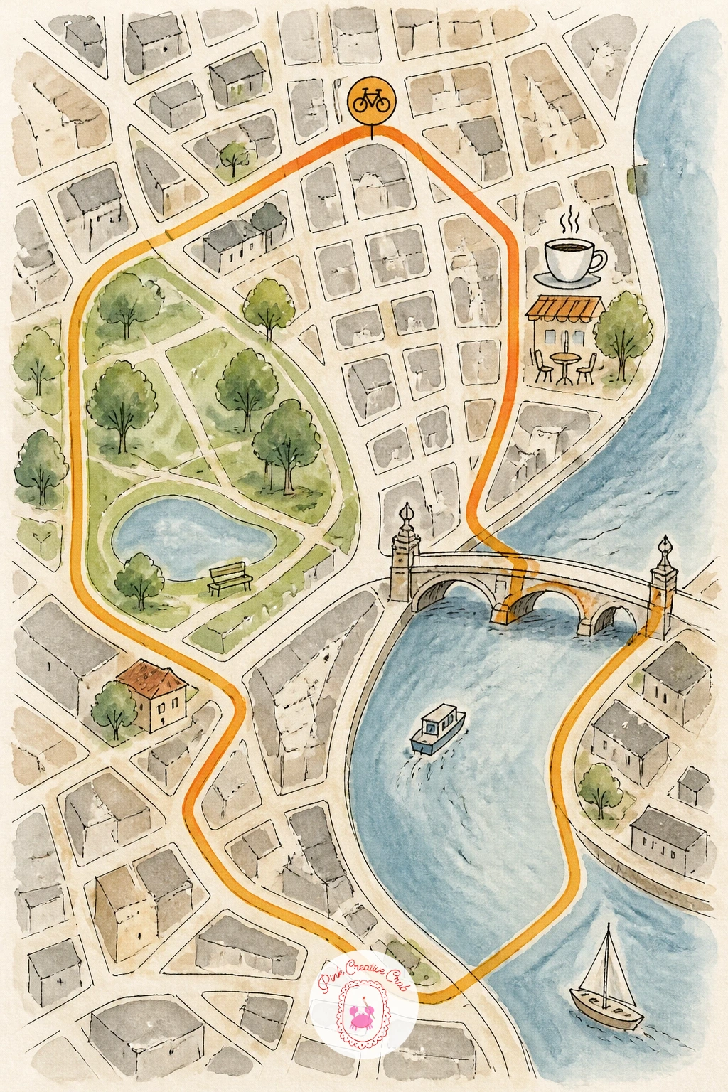 City Cycling Route Map — Pick up the pace with a city cycling route map, tracing a loop through a few landmarks the way a weekend ride might. Watercolor map