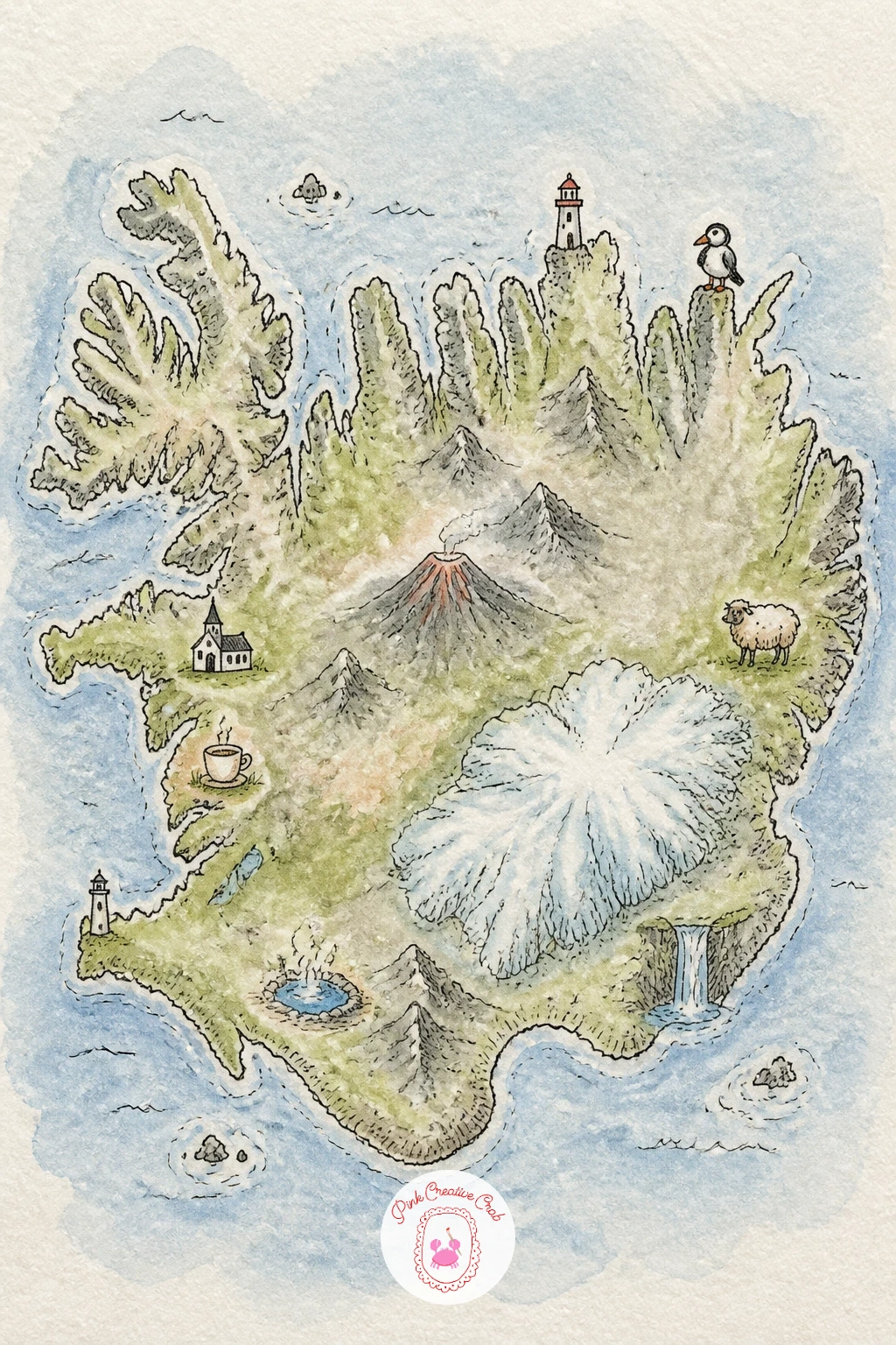 Map of Iceland — Head somewhere rugged and dramatic with a map of Iceland, where the terrain itself is the main character rather than any city. Watercolor map