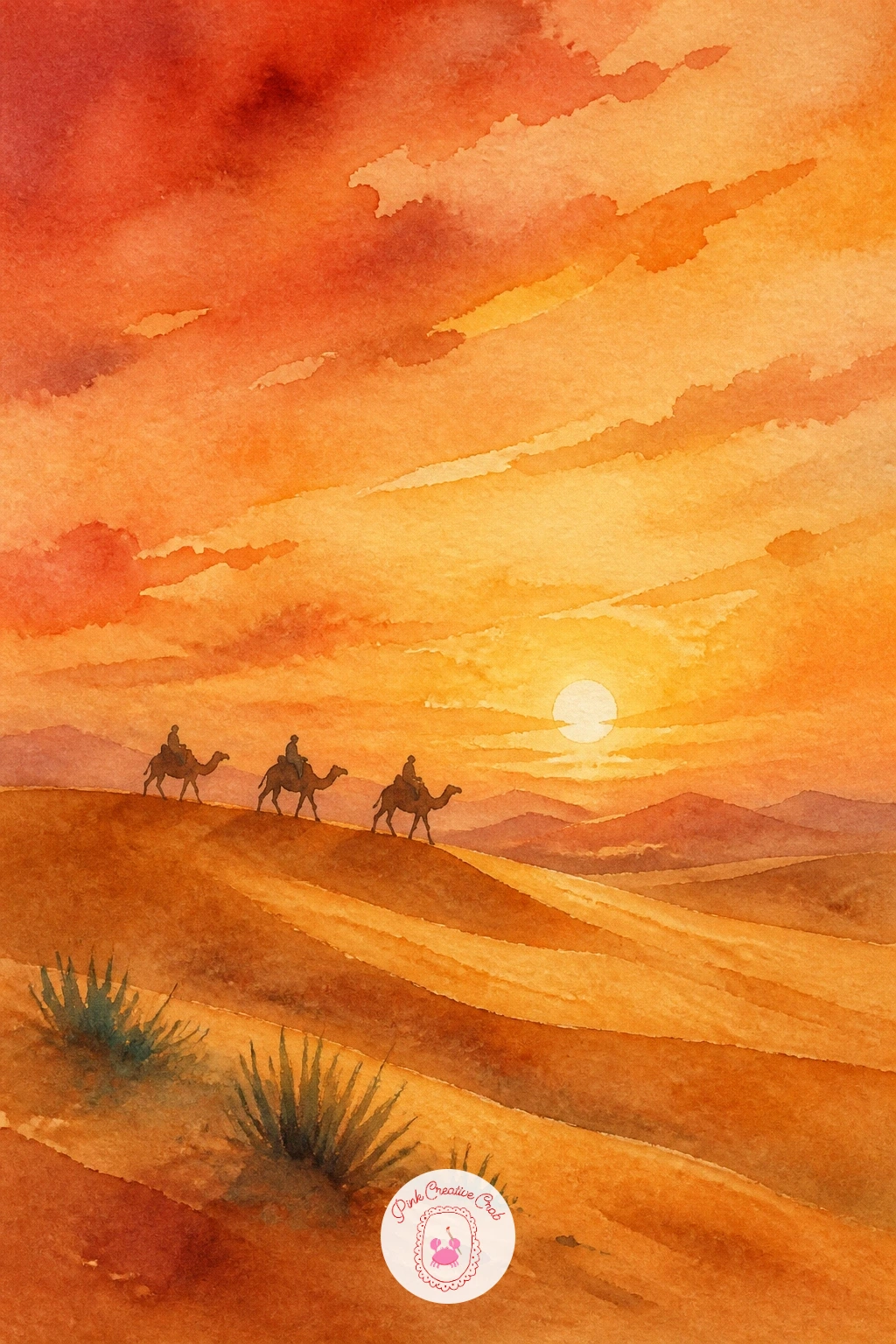 Camels Crossing Golden Dunes at Sunset — Start with the easiest sign of life in this whole list: three small camel silhouettes walking a diagonal line across a